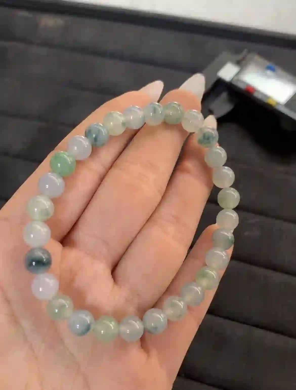 Mixed Hue Jadeite Beaded Bracelet with Natural Inclusions, view 2 | Myanmar Jadeite reference #1470004