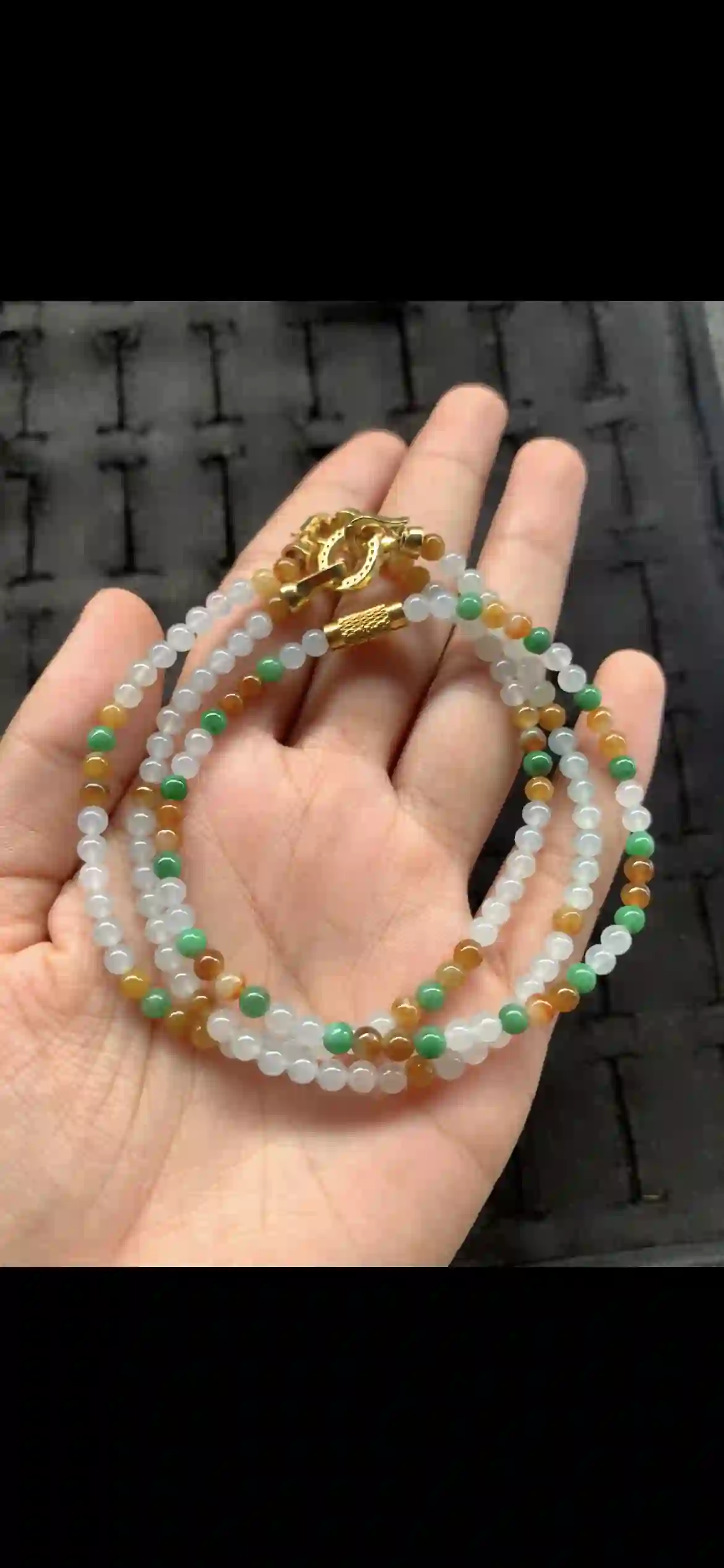 Three-Color Natural Jade Bead Necklace with Gold Clasp, view 2 | Myanmar Jadeite reference #18570001