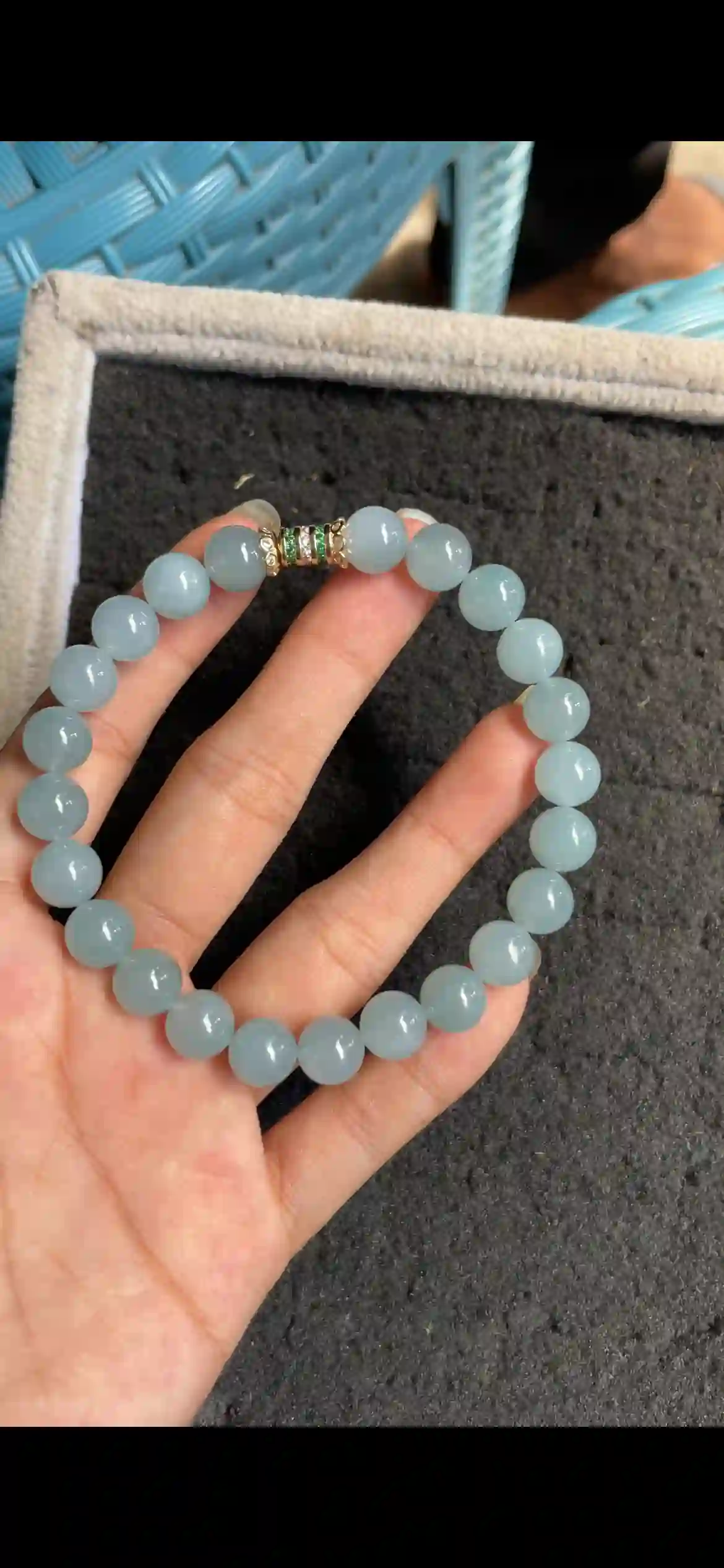   Icy Sky Blue Jade Bead Bracelet with Decorative Spacer, view 2 | Myanmar Jadeite reference #5850001