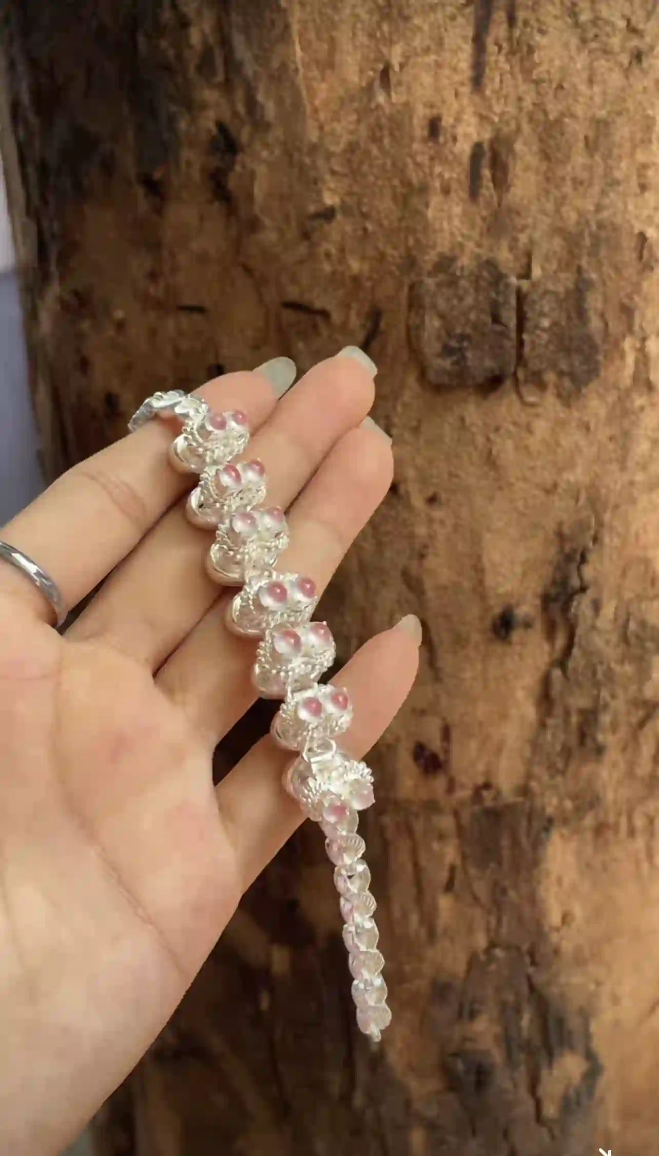 Silver-Tone Pink Moonstone Cabochon Statement Bracelet — Ornate Vintage Design, view 3 | Myanmar Jadeite reference #29490001