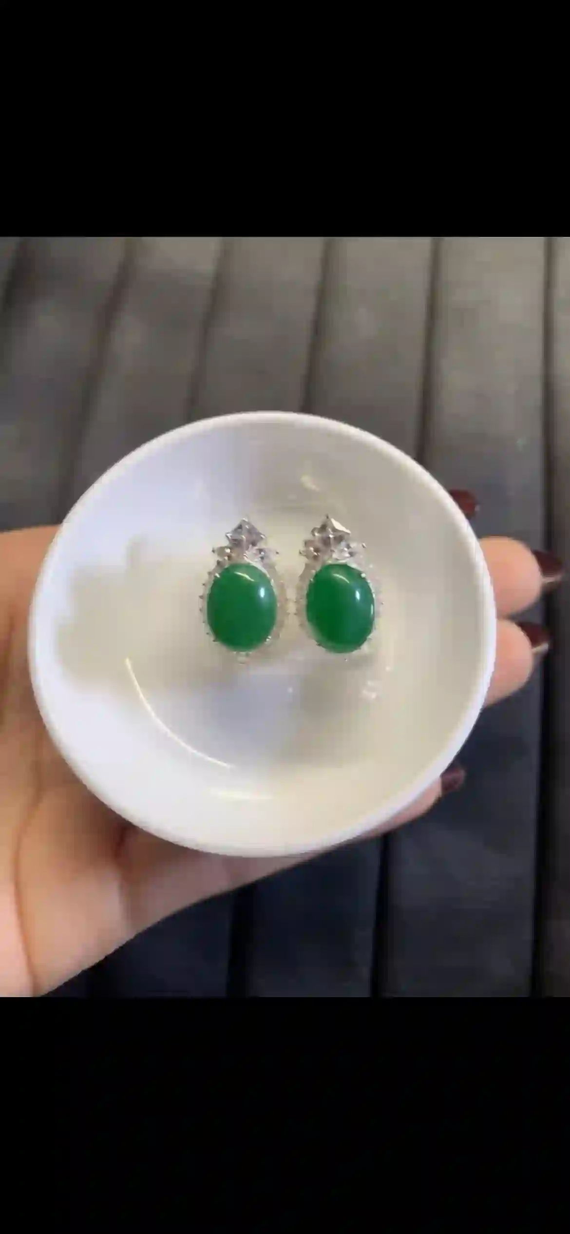 Vibrant Green Jadeite Cabochon Earrings with Diamond Halo Setting, view 2 | Myanmar Jadeite reference #4590001