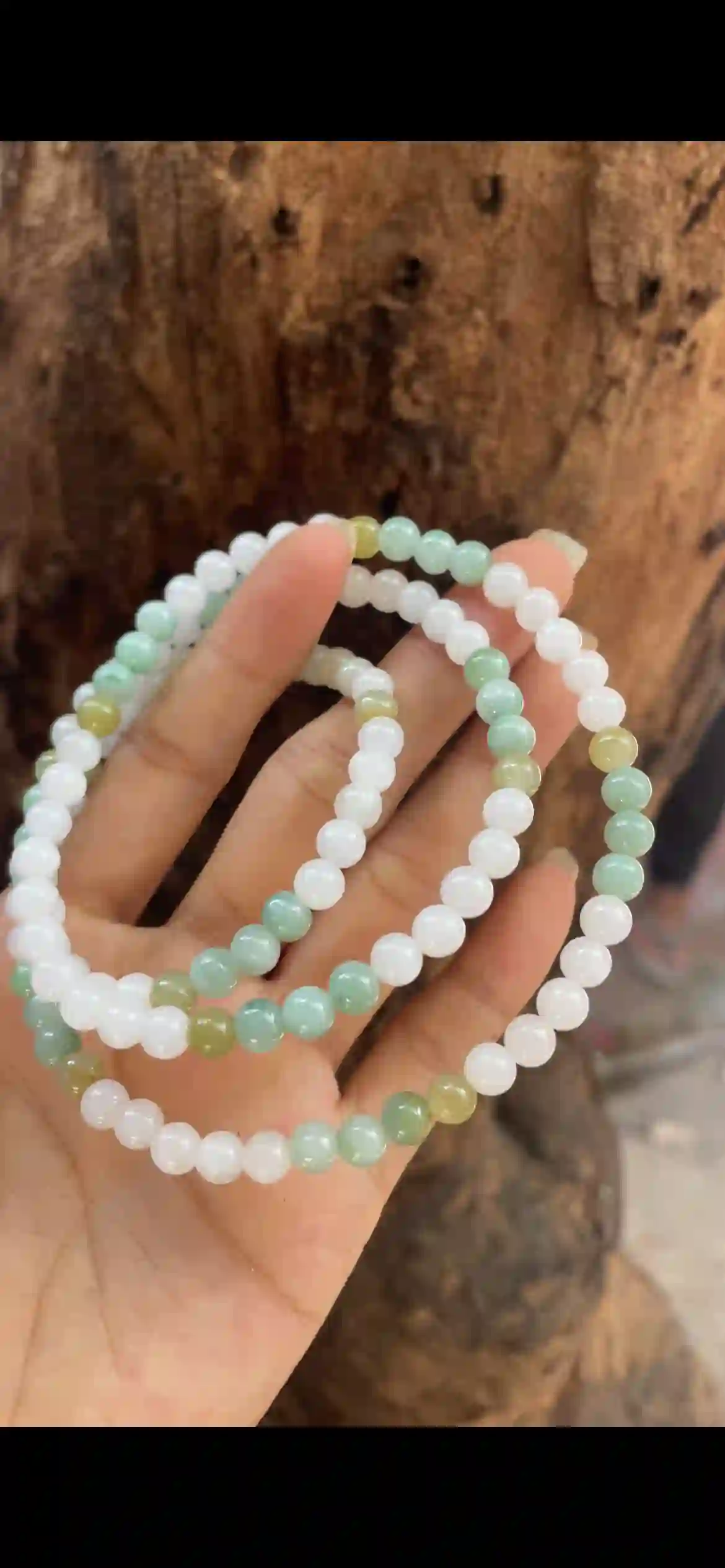 Tri‑Color Icy White‑Green‑Honey Jadeite Multi‑Loop Strand | Myanmar Jadeite reference #10080002