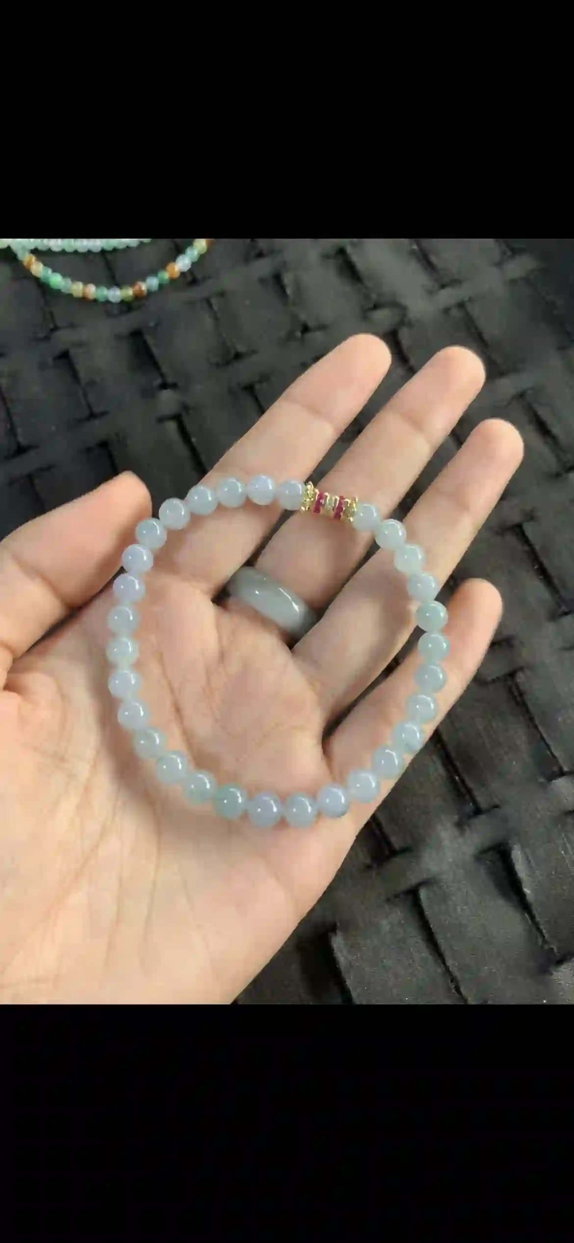 Natural Pale Icy Jadeite Bead Bracelet with Pink & Gold Accent | Myanmar Jadeite reference #26430001