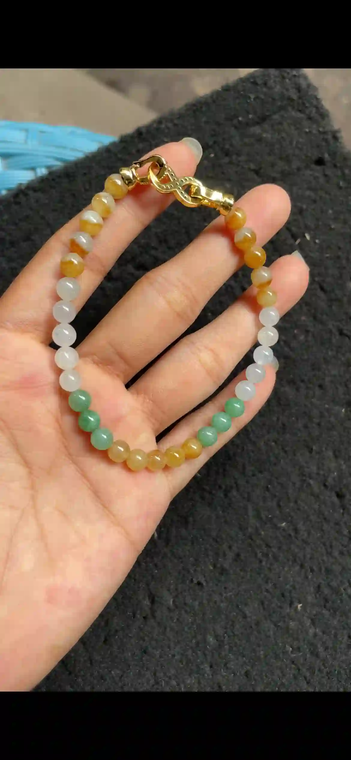 Tri-Color Icy Jadeite Beaded Bracelet with Gold Infinity Clasp, view 2 | Myanmar Jadeite reference #4500003