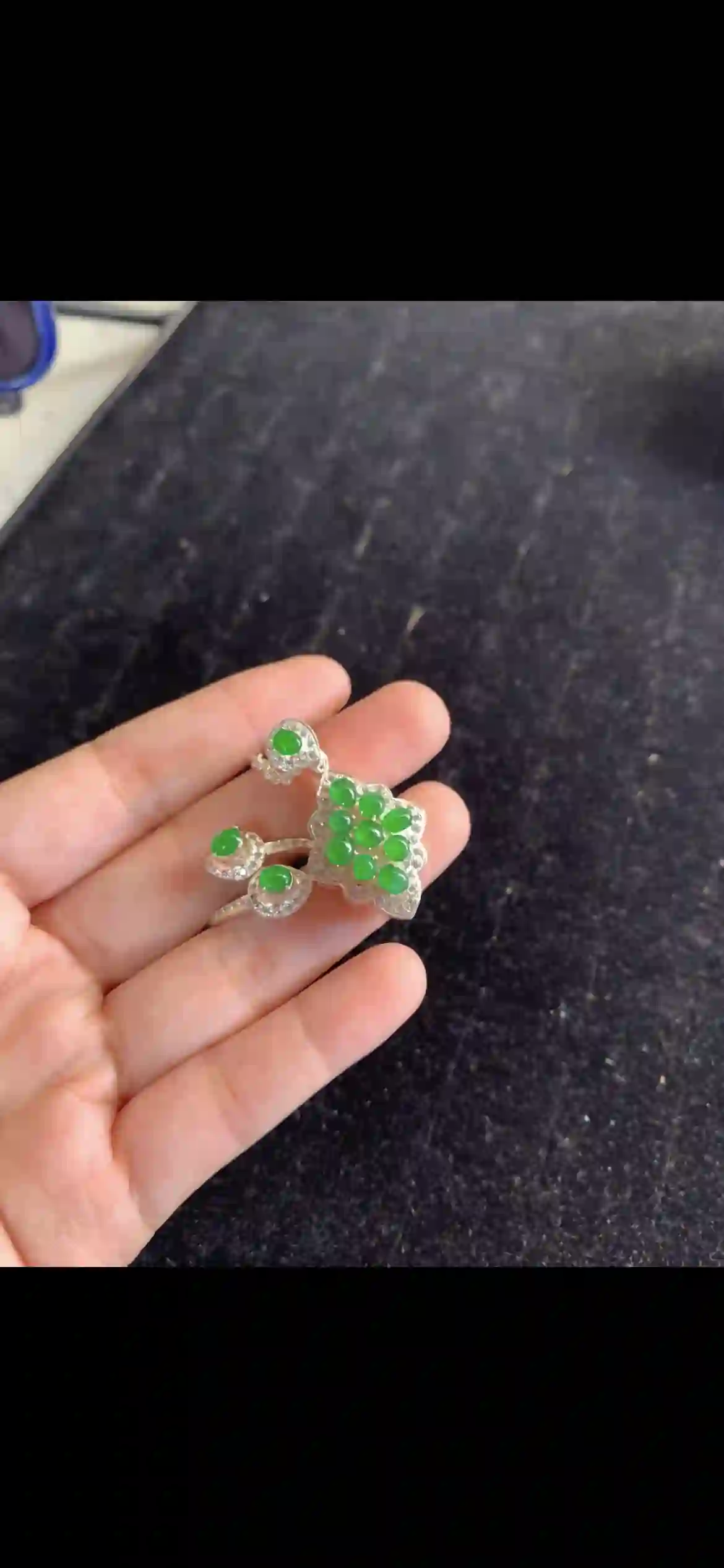 Vivid Emerald Green Jade Jewelry Set — Pendant, Ring & Earrings with Diamond Halo Setting | Myanmar Jadeite reference #21900001