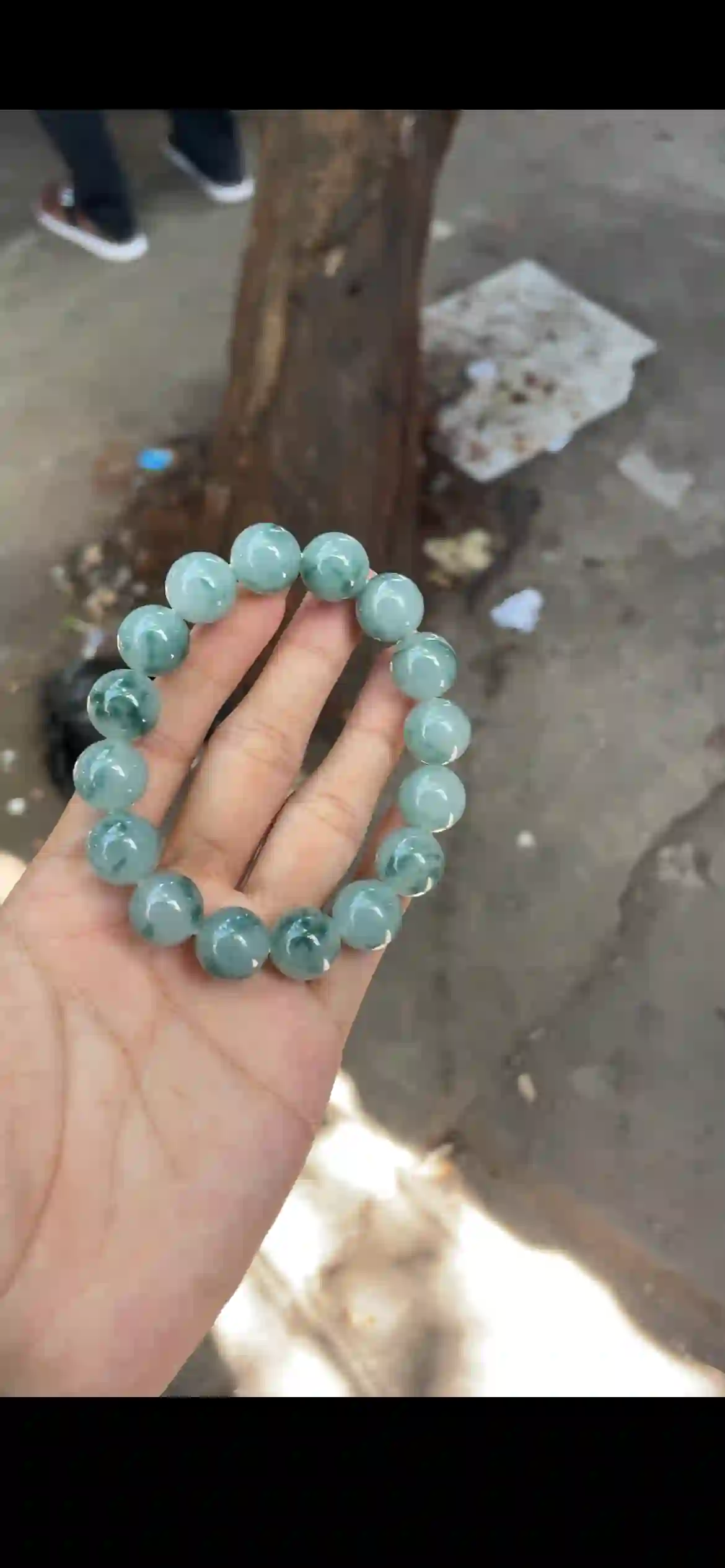 Icy Pale Blue-Green Jade Bead Bracelet with Floating Inclusions, view 2 | Myanmar Jadeite reference #18900001