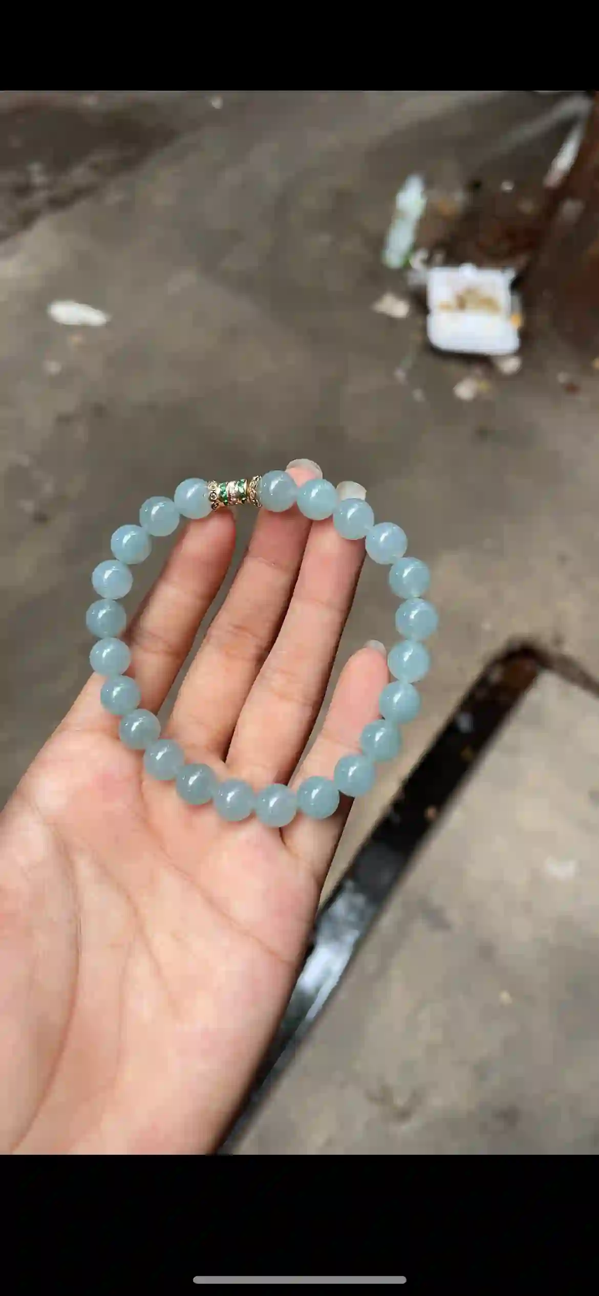  Premium Icy Pale Blue-Green Jade Bead Bracelet with Gemstone Accent, view 2 | Myanmar Jadeite reference #17970001