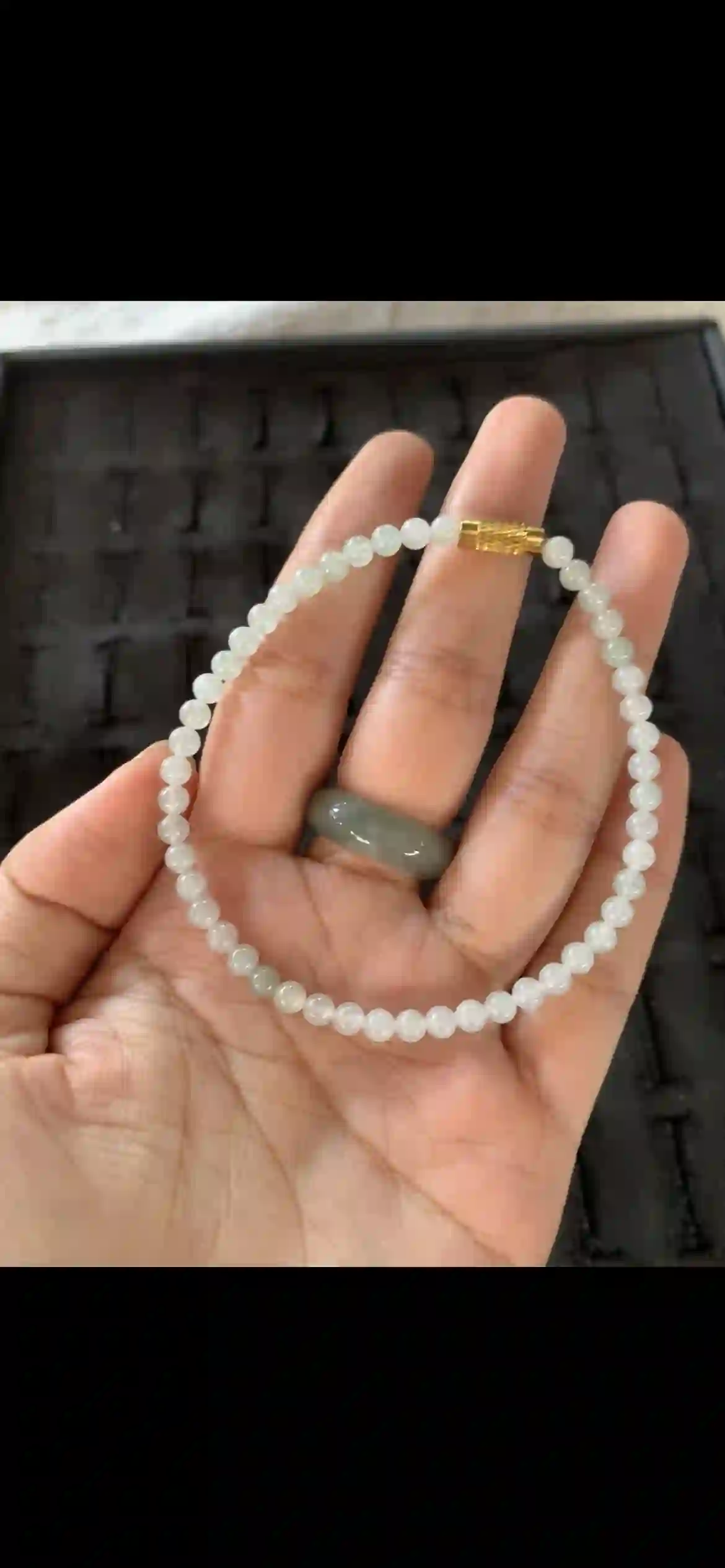 Delicate Icy White Jade Beaded Bracelet with Gold Barrel Clasp, view 2 | Myanmar Jadeite reference #27540001