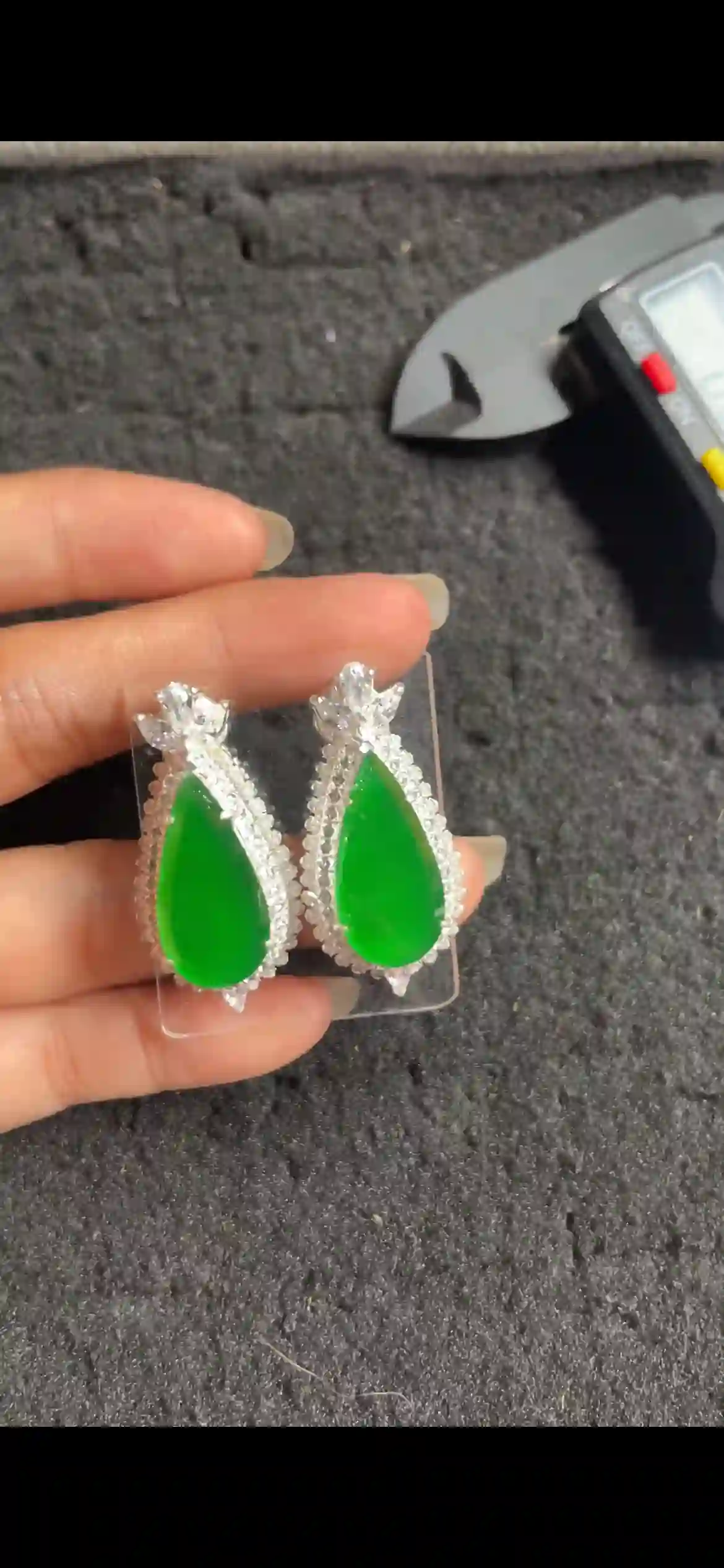 Title  Vivid Emerald Green Jade Teardrop Earrings with Double Diamond Halo, Sterling Silver Setting | Myanmar Jadeite reference #5760001