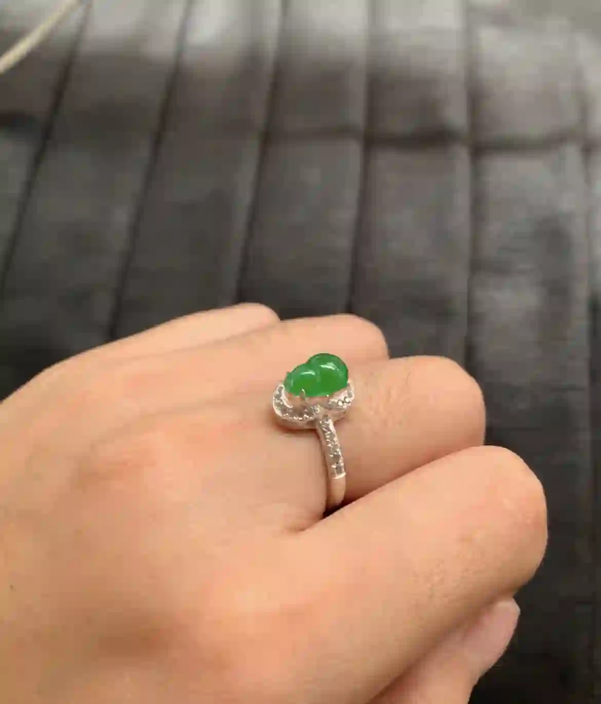 Natural Green Jade Gourd Ring, view 2 | Myanmar Jadeite reference #2340010