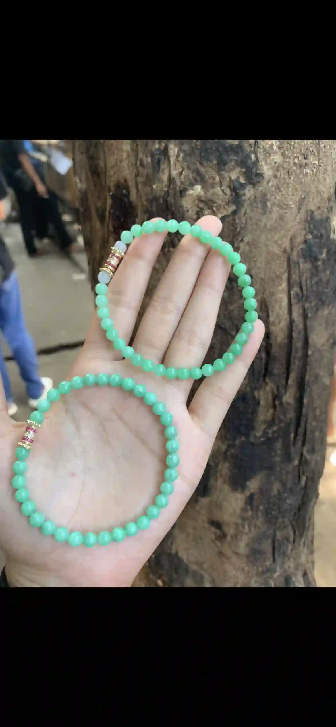 Spring Green Jade Beaded Bracelet Pair with Gold & Crystal Accents | Myanmar Jadeite reference #36300001