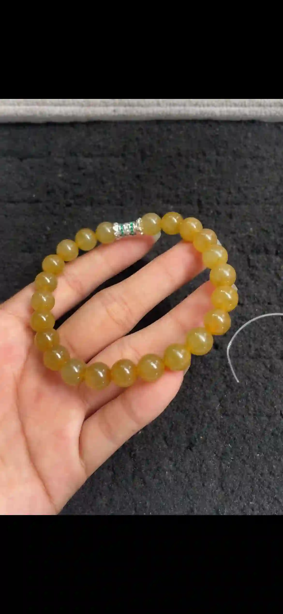  Warm Golden Yellow Jade Bead Bracelet with Silver & Emerald Accent | Myanmar Jadeite reference #6090001