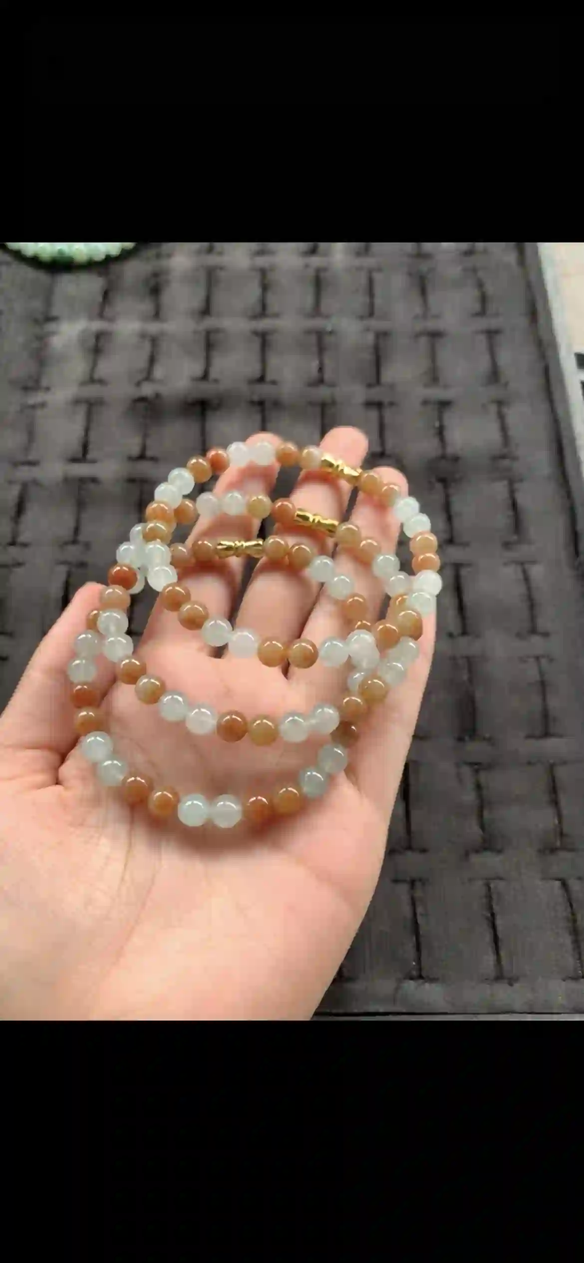Warm Honey Orange & Icy White Jadeite Bead Bracelet Set with Gold Clasps | Myanmar Jadeite reference #22080001
