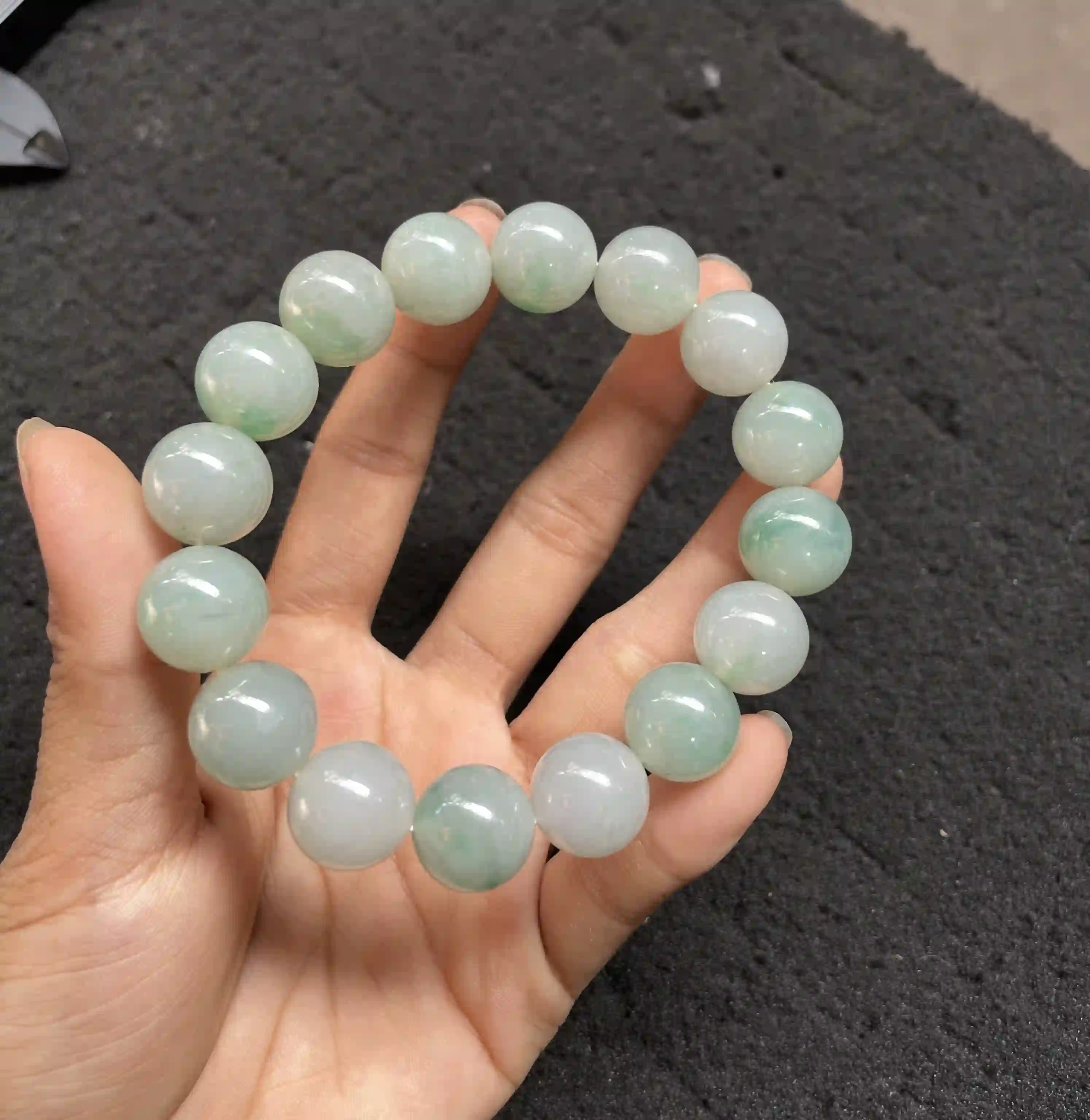 Light Green and White Jade Bead Bracelet, view 2 | Myanmar Jadeite reference #570001