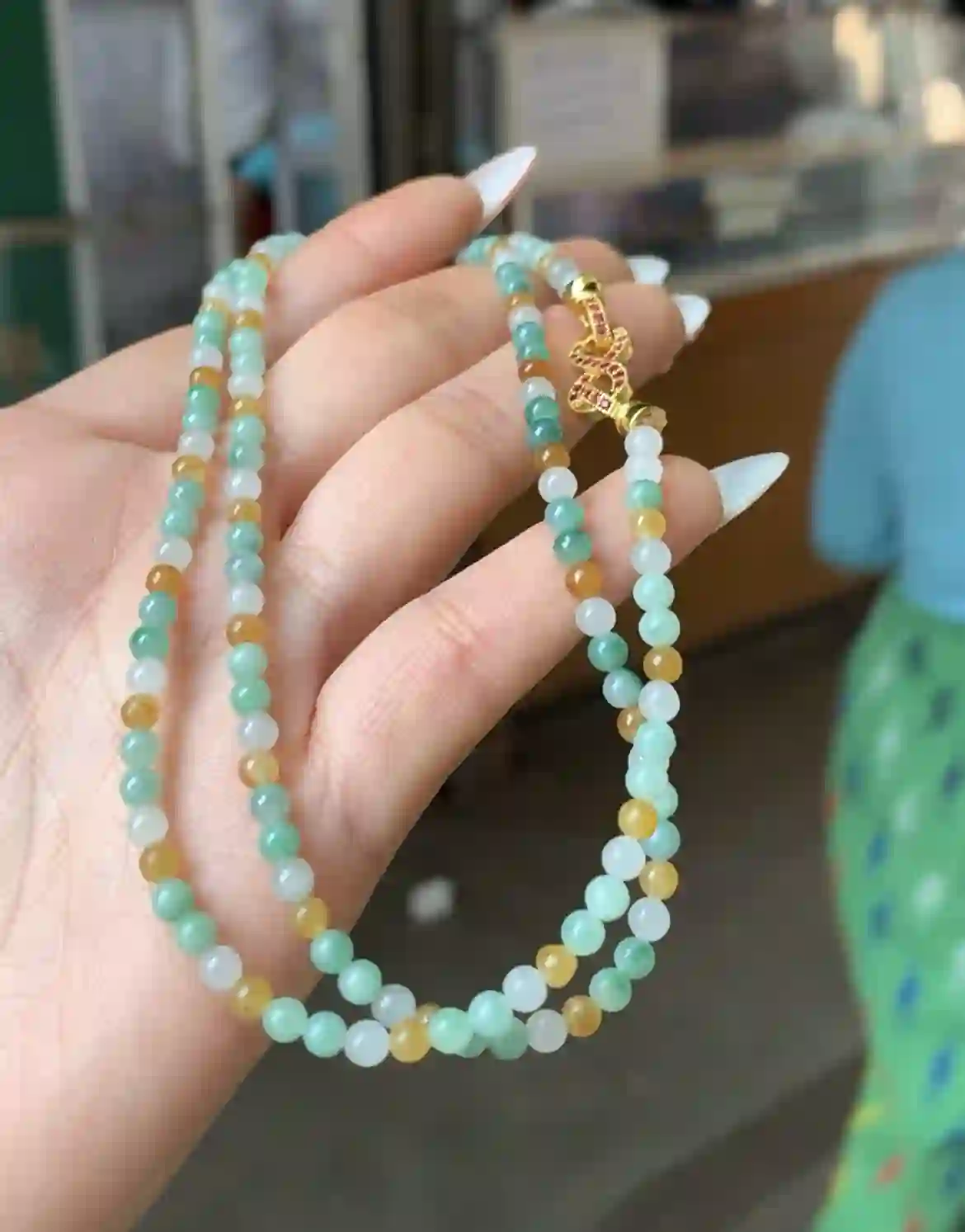 Delicate Multi-hued Beaded Necklace with Ornate Clasp, view 2 | Myanmar Jadeite reference #1080002