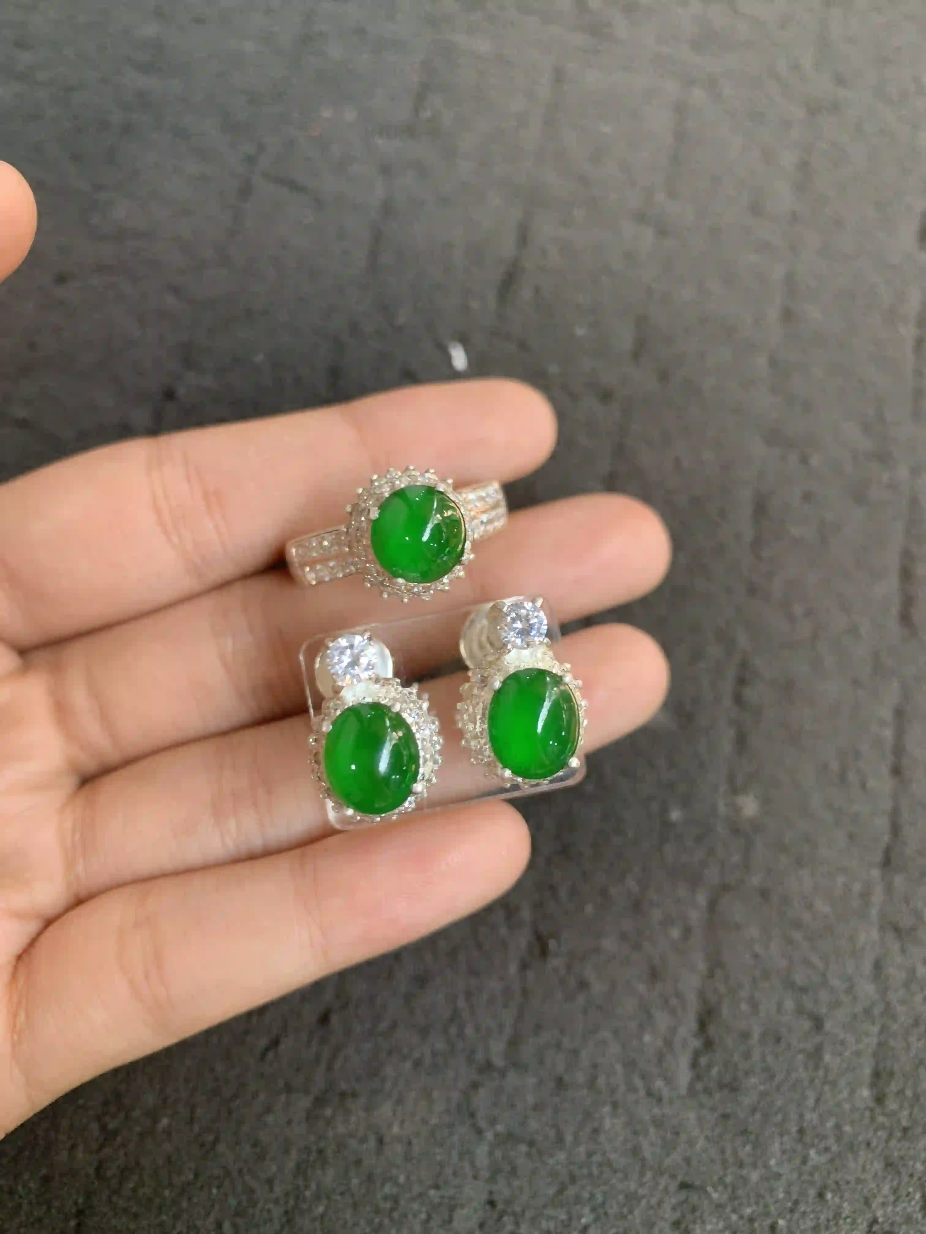 Striking Vivid Green Gemstone Jewelry Set (Ring & Earrings), view 2 | Myanmar Jadeite reference #1140002