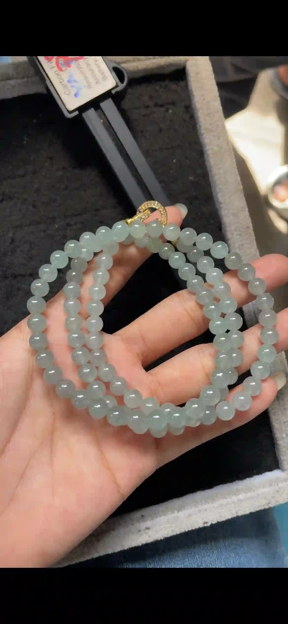  Natural Icy Floating Green Jadeite Bead Necklace with Diamond-Set Gold Clasp, view 2 | Myanmar Jadeite reference #6690006
