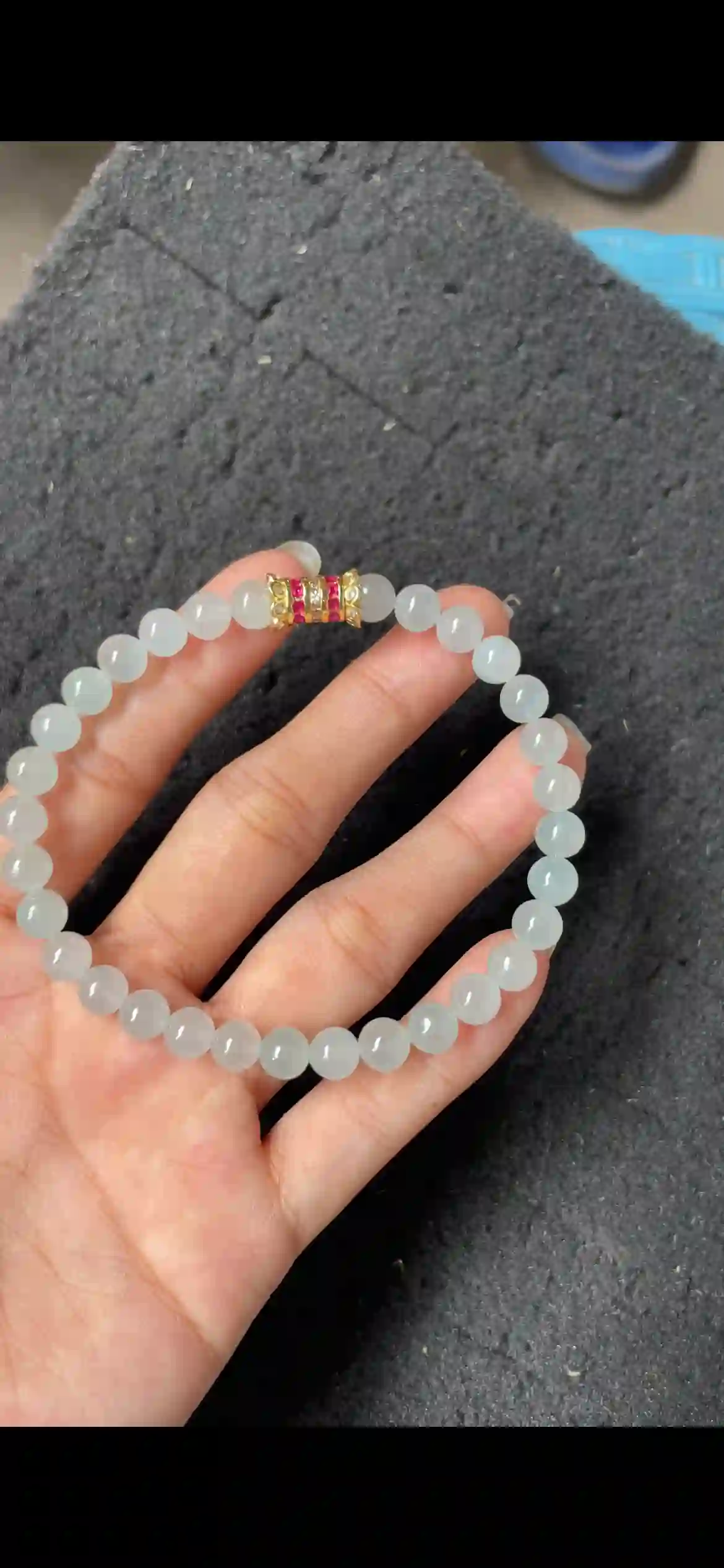 Icy Pale Green Jadeite Beaded Bracelet with Gold Accent, view 2 | Myanmar Jadeite reference #4320003