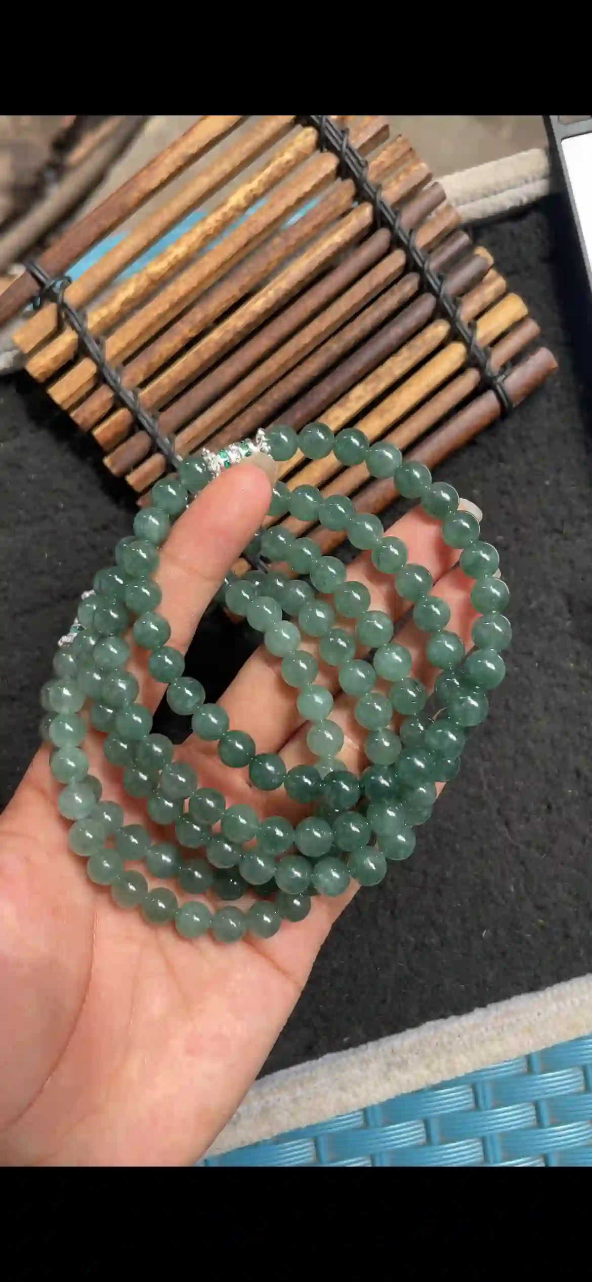 Deep Emerald Green Translucent Jade Bead Necklace, Multi-Wrap Beaded Chain with Silver Accents | Myanmar Jadeite reference #5070001