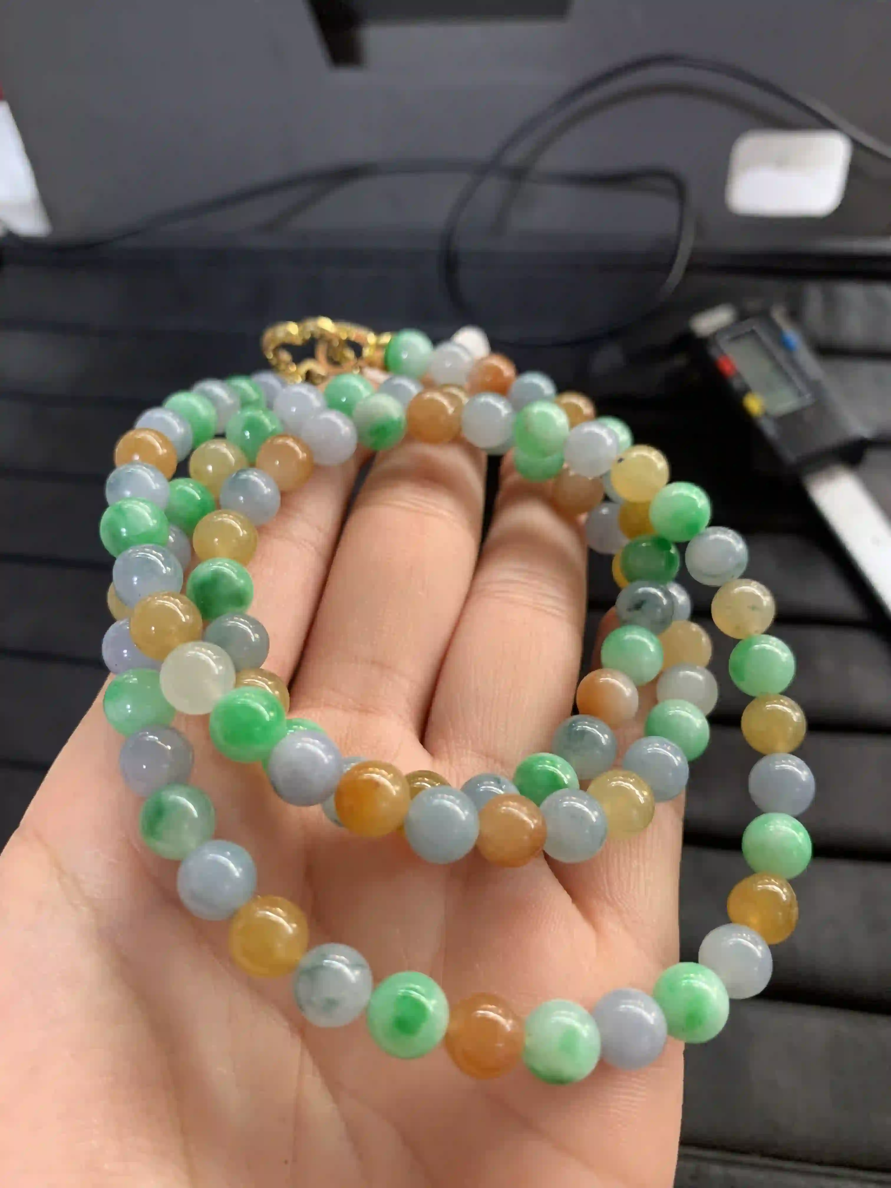 Colorful Multi-Hued Beaded Bracelet/Necklace with Gold Accents, view 2 | Myanmar Jadeite reference #1350005