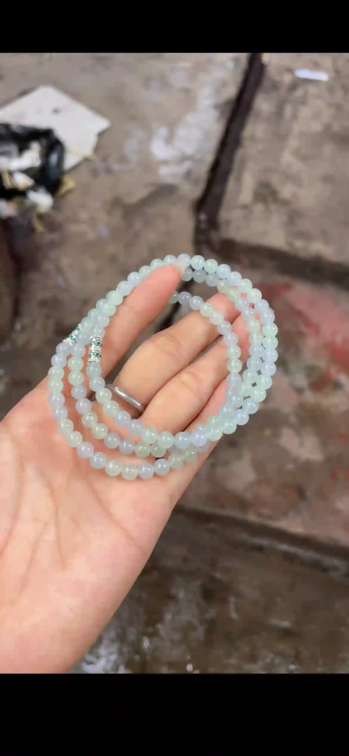 Icy Pale Blue-Green Jadeite Double-Strand Bracelet with Silver & Green Crystal Accents, view 2 | Myanmar Jadeite reference #20640001