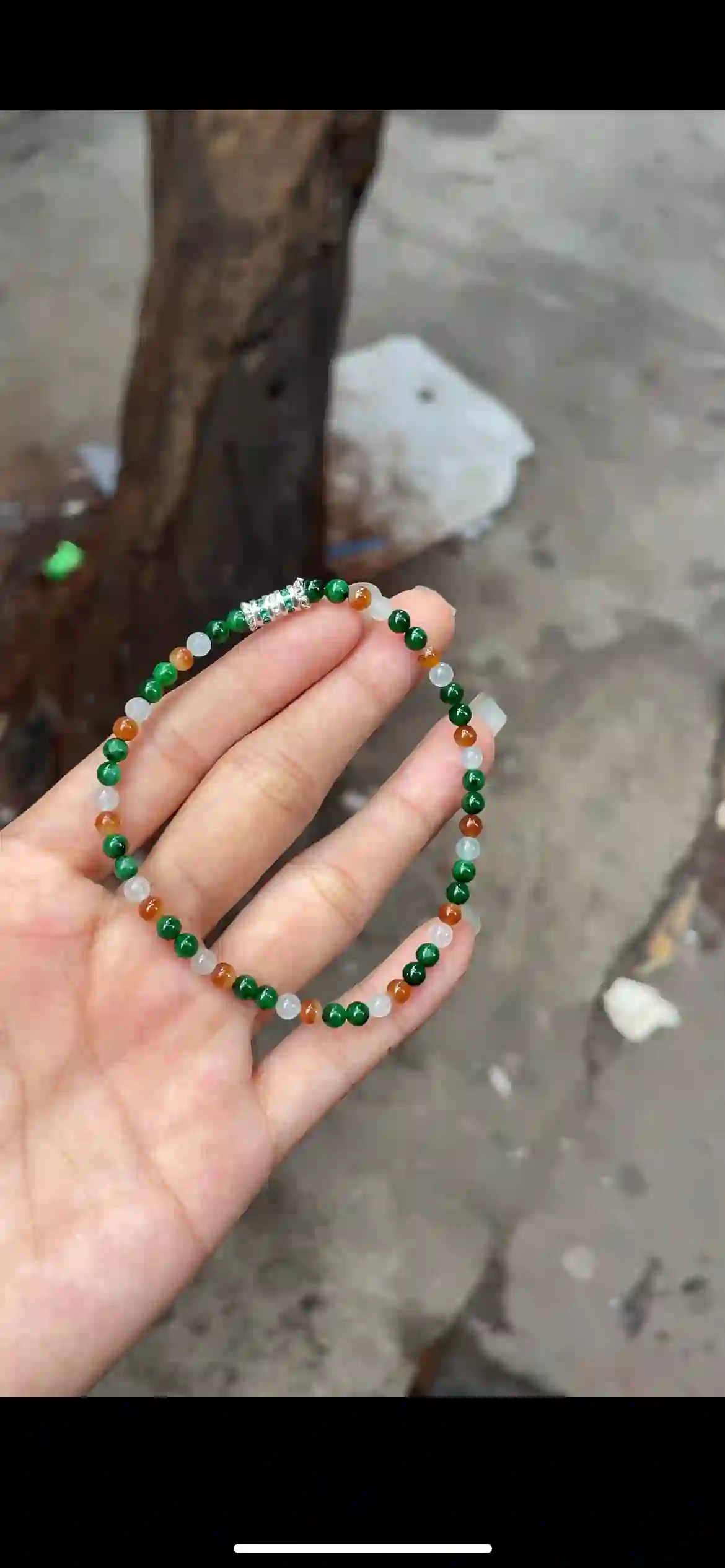 Emerald Green, Amber & Icy White Mini Jade Bead Bracelet with Crystal Accent | Myanmar Jadeite reference #21840002