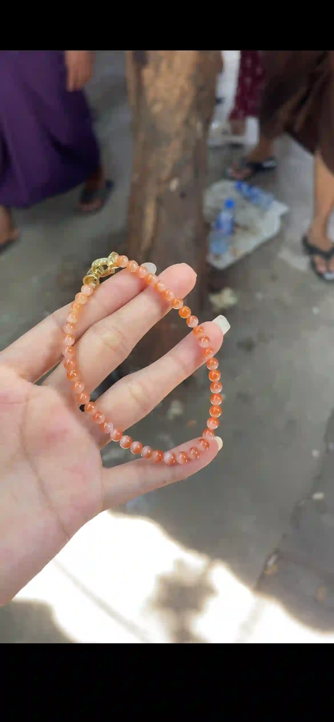 Gradient Orange Red Jade Bead Bracelet with Gold Dragon Clasp, view 2 | Myanmar Jadeite reference #19020001