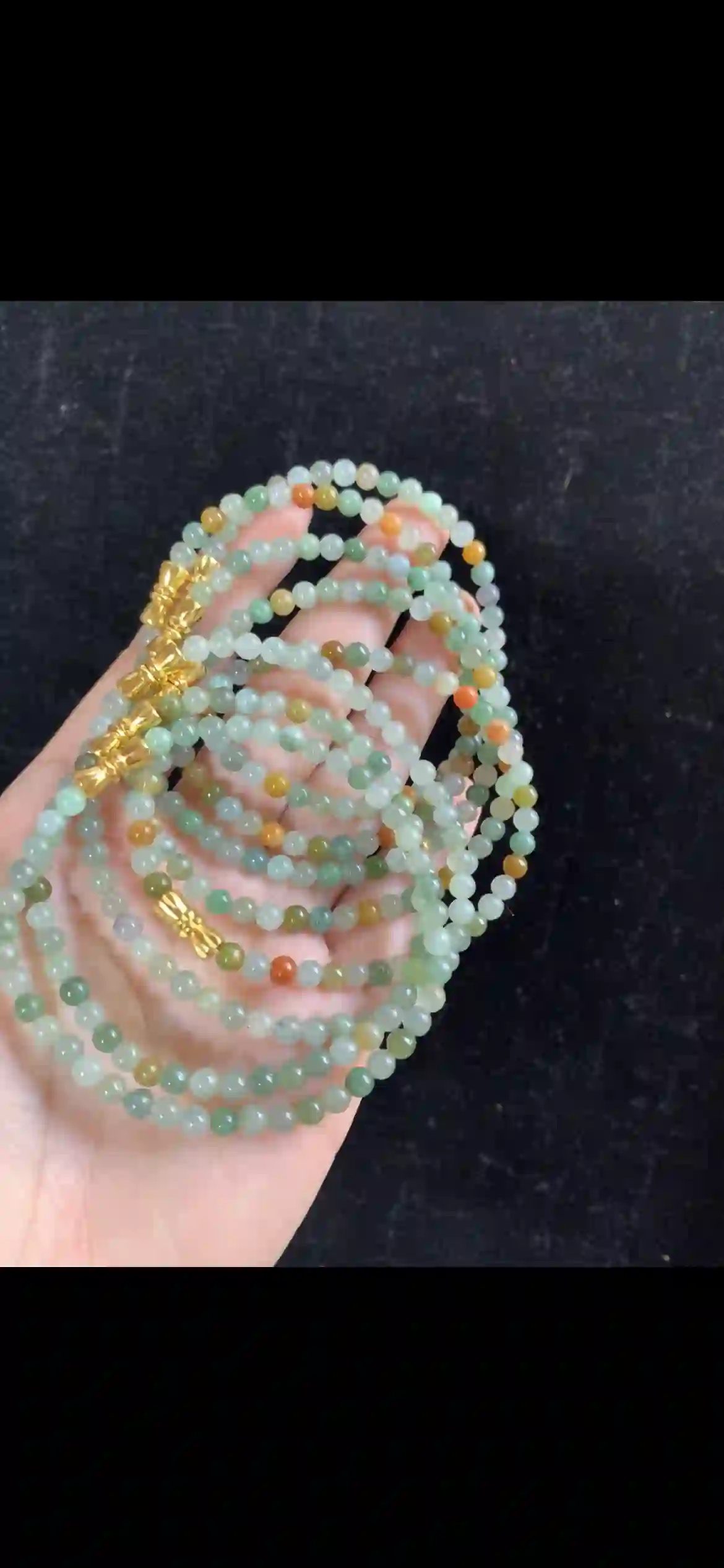 Multicolor Rainbow Jade Long Beaded Necklace — Gold Clasps, Versatile Wrap Design | Myanmar Jadeite reference #35010001