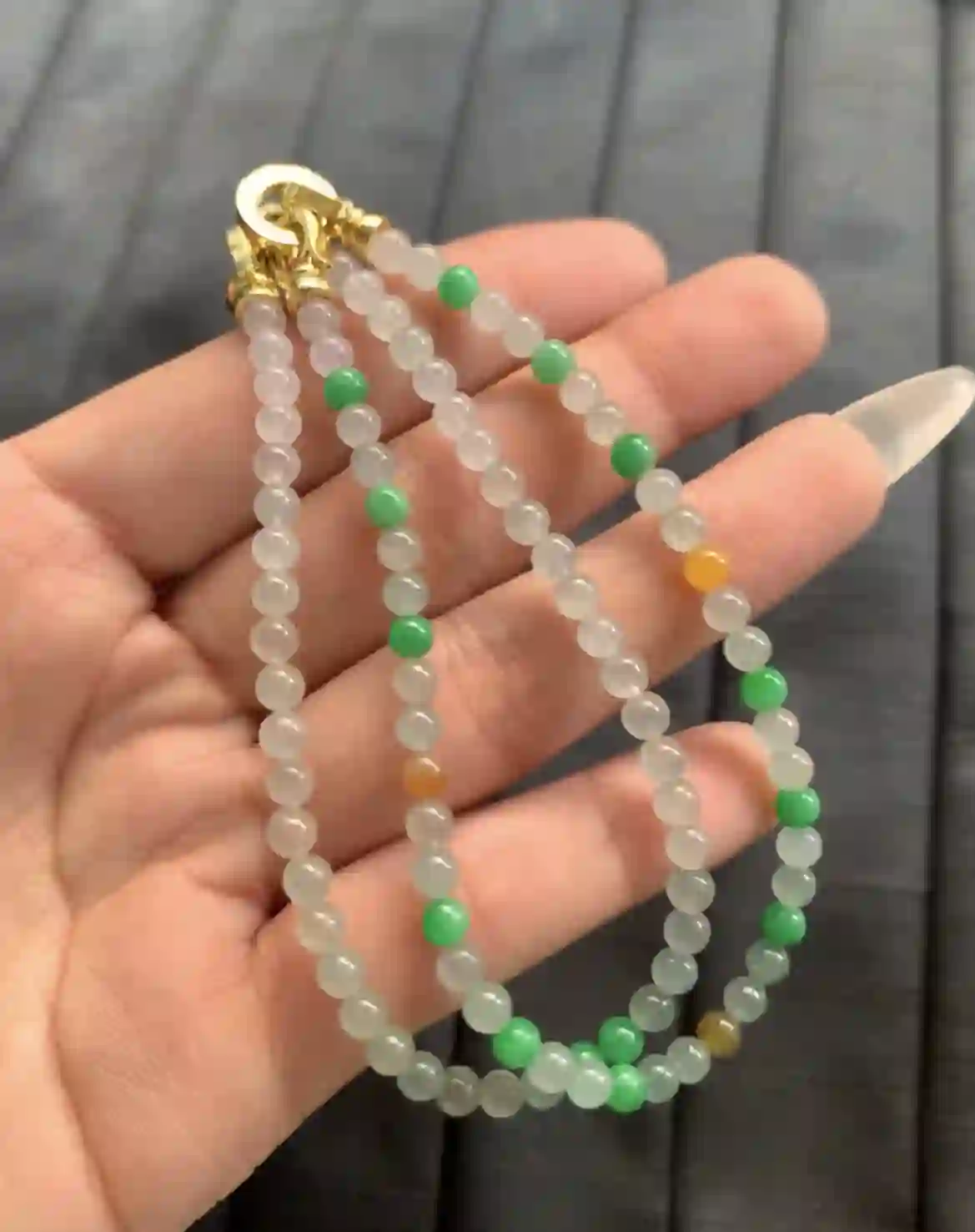Natural Three-Color Jadeite Bead Necklace, view 2 | Myanmar Jadeite reference #2190001