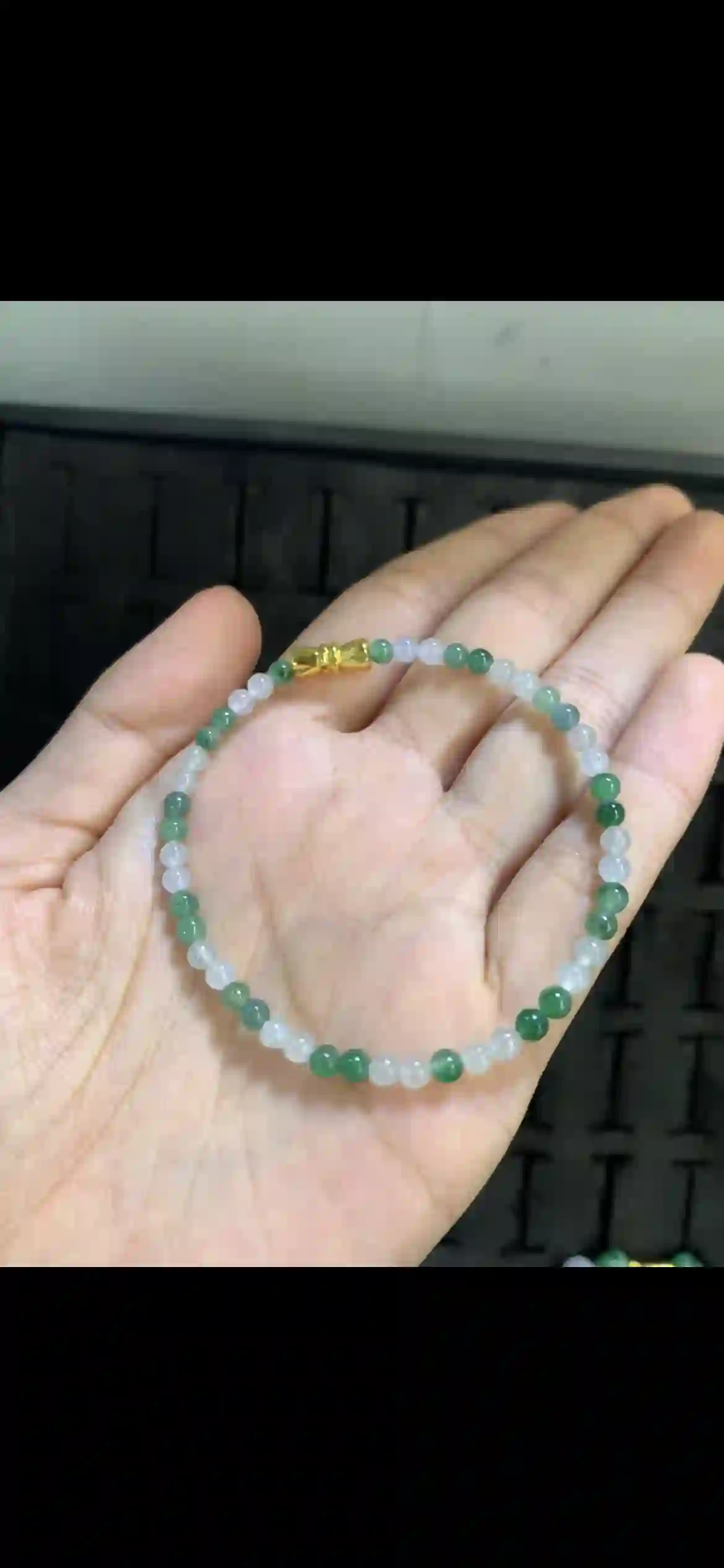 Tri-Tone Green & White Jade Bead Bracelet with Gold Barrel Clasp, view 2 | Myanmar Jadeite reference #20010001