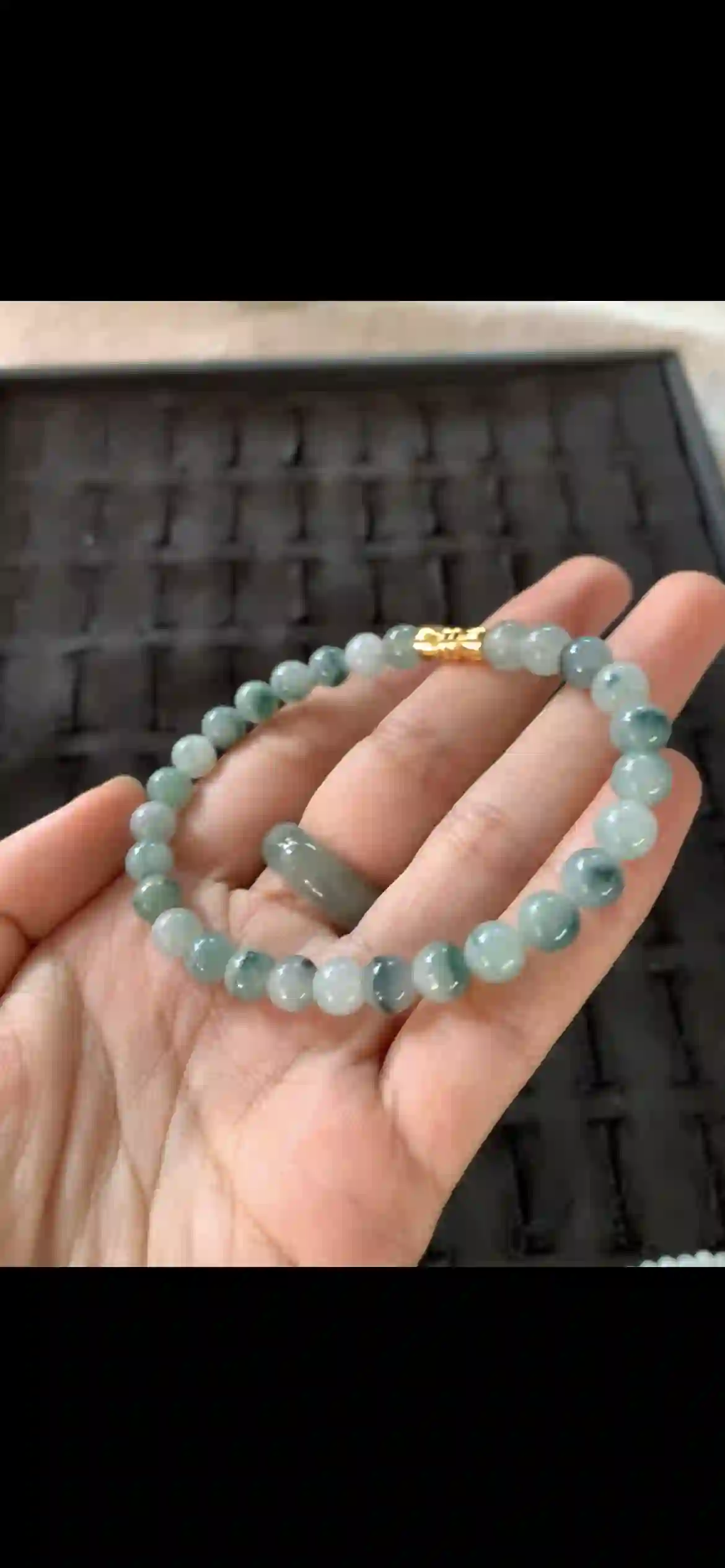 Icy Floating Green Jade Beaded Bracelet with Gold Clasp, view 2 | Myanmar Jadeite reference #27480001