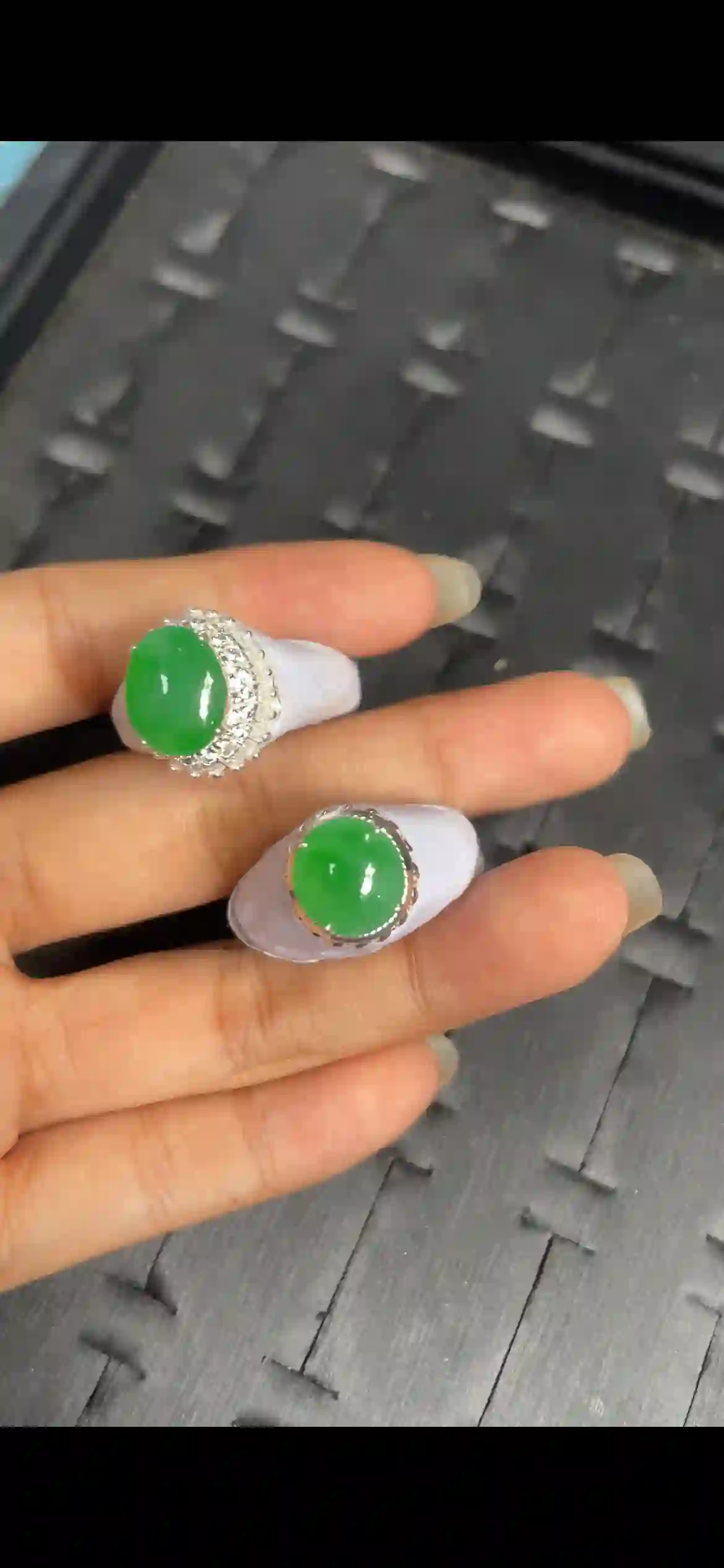 Vibrant Apple Green Jadeite Cabochon Ring Set, view 2 | Myanmar Jadeite reference #8640001