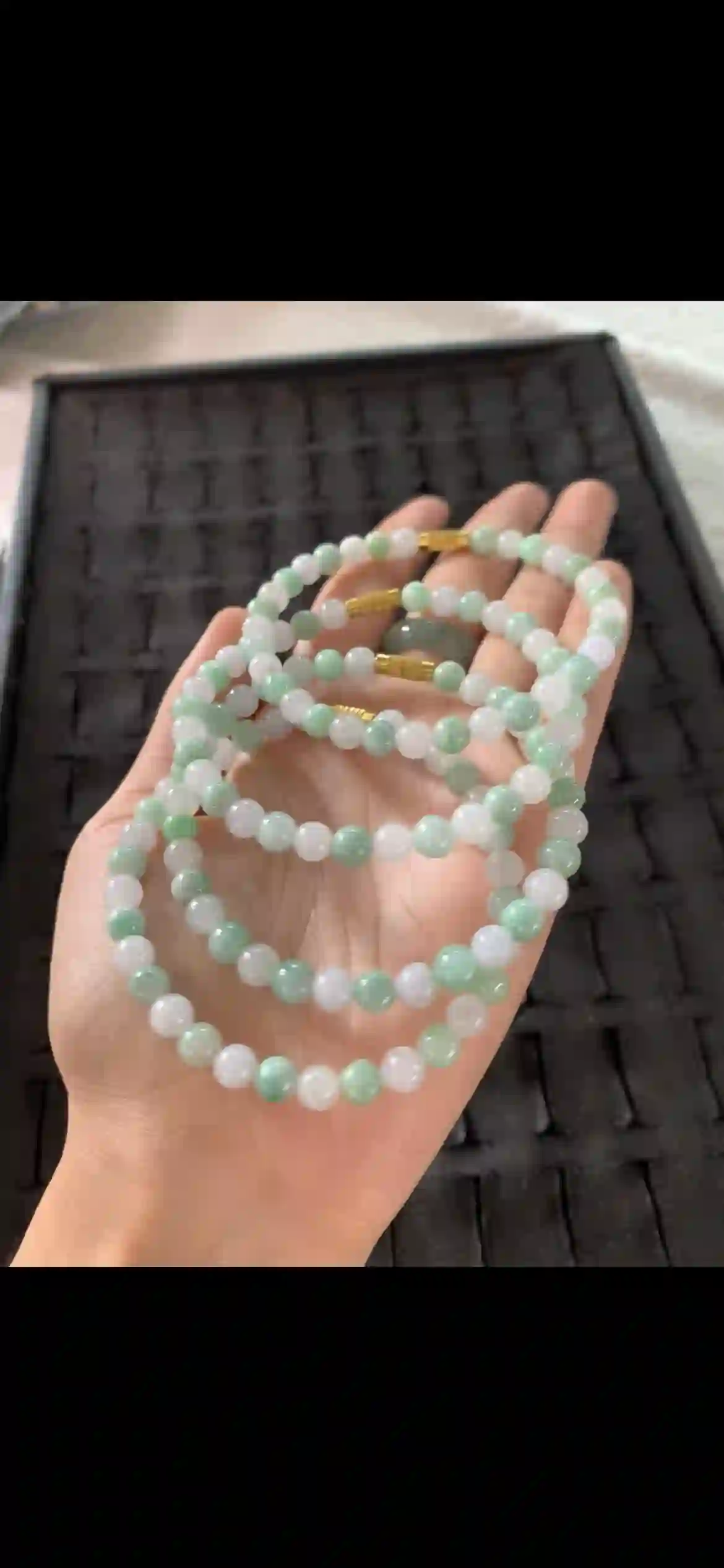 Soft White & Pale Green Jade Beaded Long Necklace — Gold Clasps, view 2 | Myanmar Jadeite reference #27600002