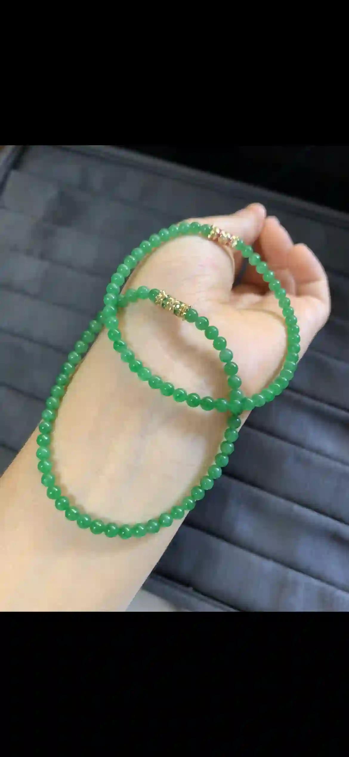   Natural Bright Green Jadeite Mini Bead Necklace with Gold Accents, view 2 | Myanmar Jadeite reference #6900005