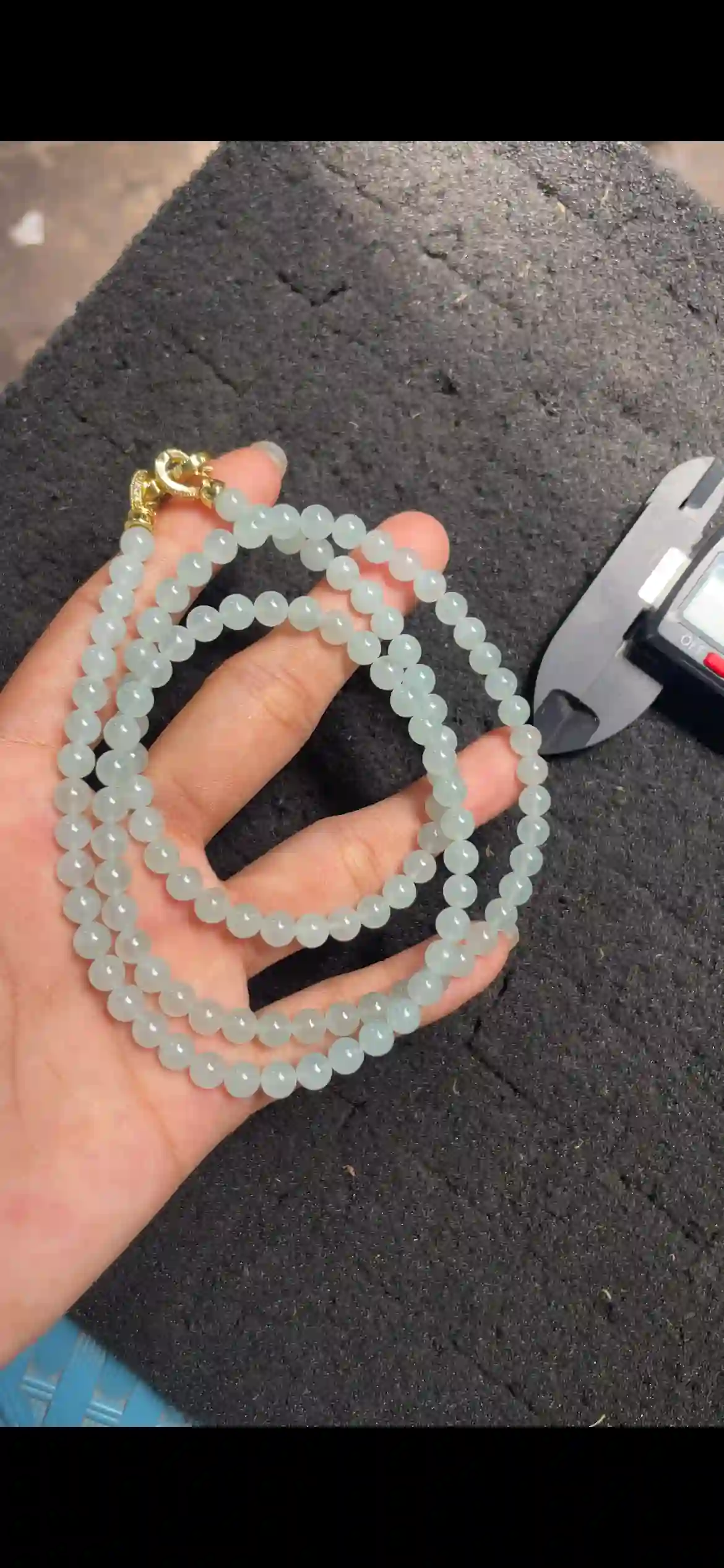Icy Pale Green Jadeite Beaded Necklace with Gold Clasp, view 2 | Myanmar Jadeite reference #4350001