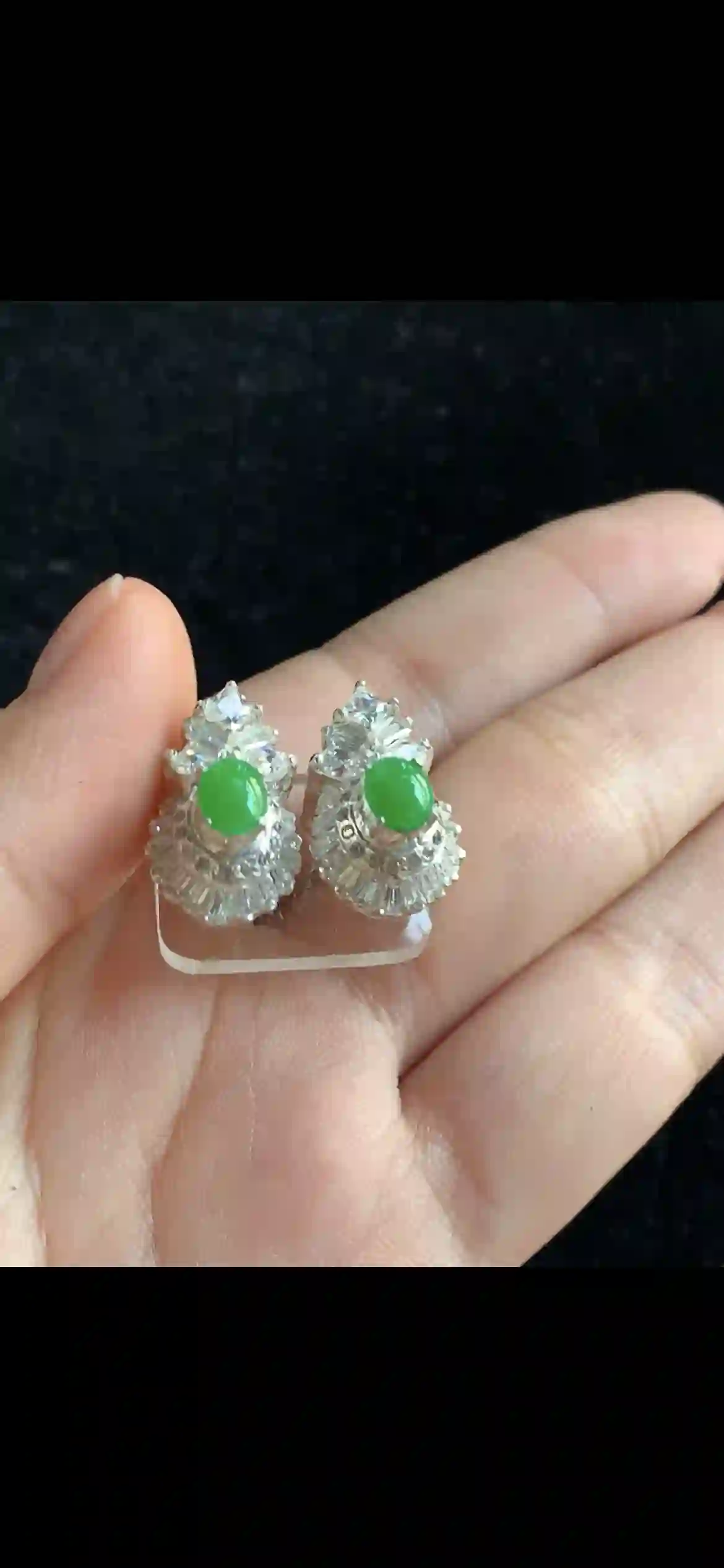 Vivid Imperial Green Jade Cabochon Earrings with Tiered Diamond Halo | Myanmar Jadeite reference #36960001