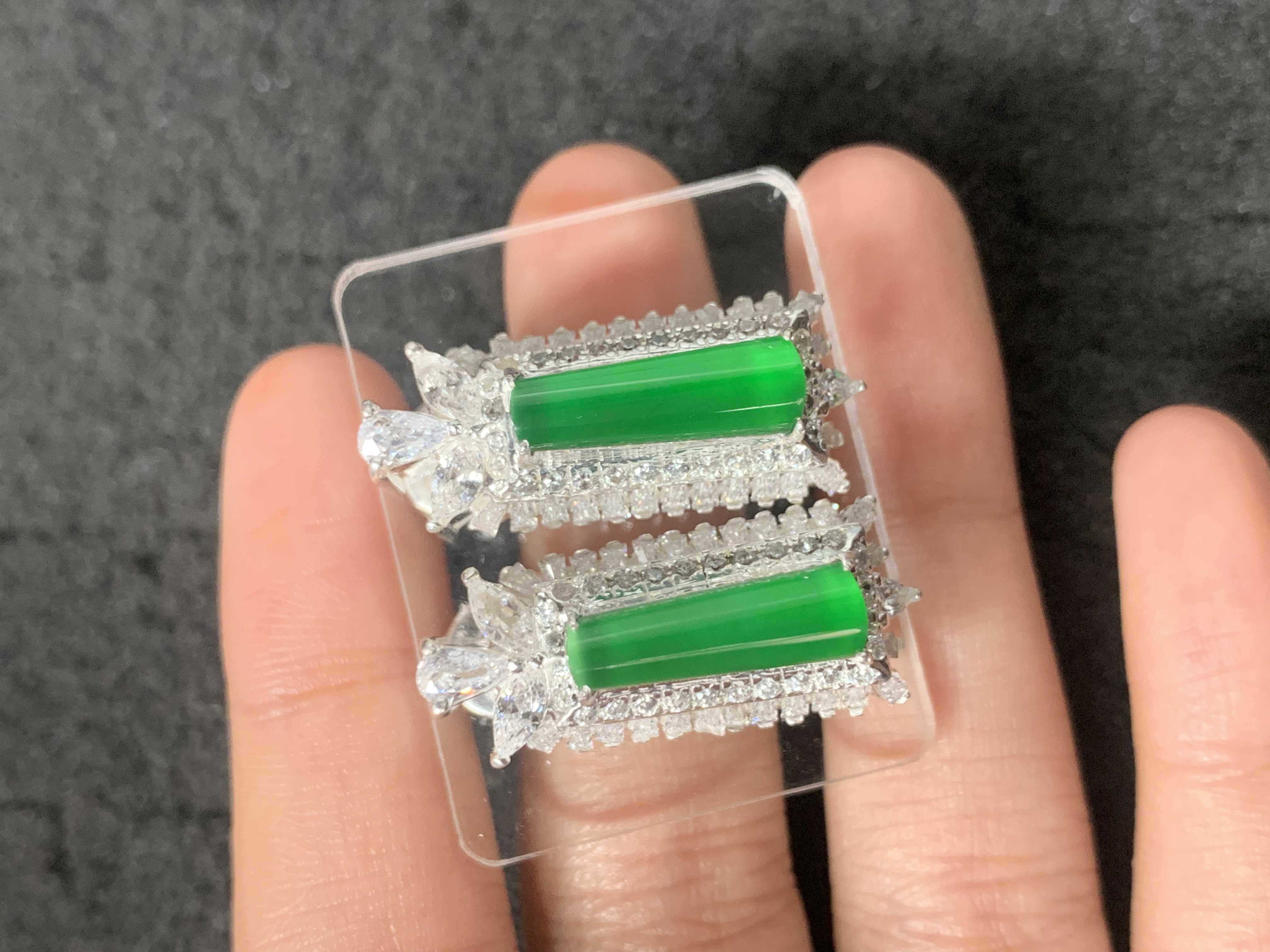  Natural Vivid Green Jade Baguette Diamond Earrings - Burmese Jadeite Type A from Hpakant, Myanmar | Myanmar Jadeite