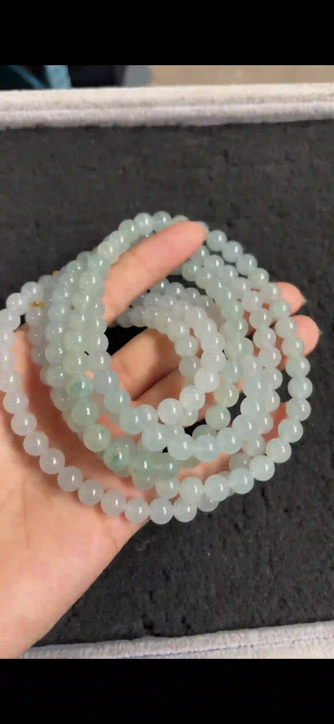  Icy Pale Celadon Floating‑Pattern Jadeite Multi‑Loop Strand, view 2 | Myanmar Jadeite reference #9510004