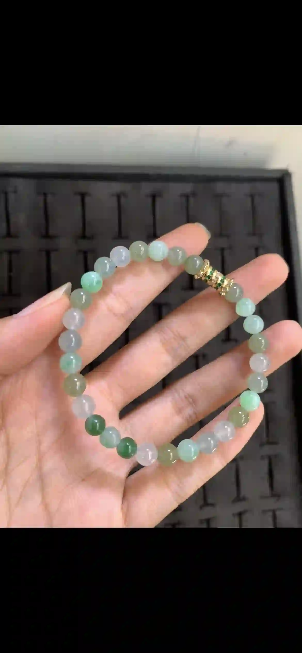 Gradient Icy Green & White Jade Bead Bracelet with Gemstone Accent Clasp, view 2 | Myanmar Jadeite reference #17610002