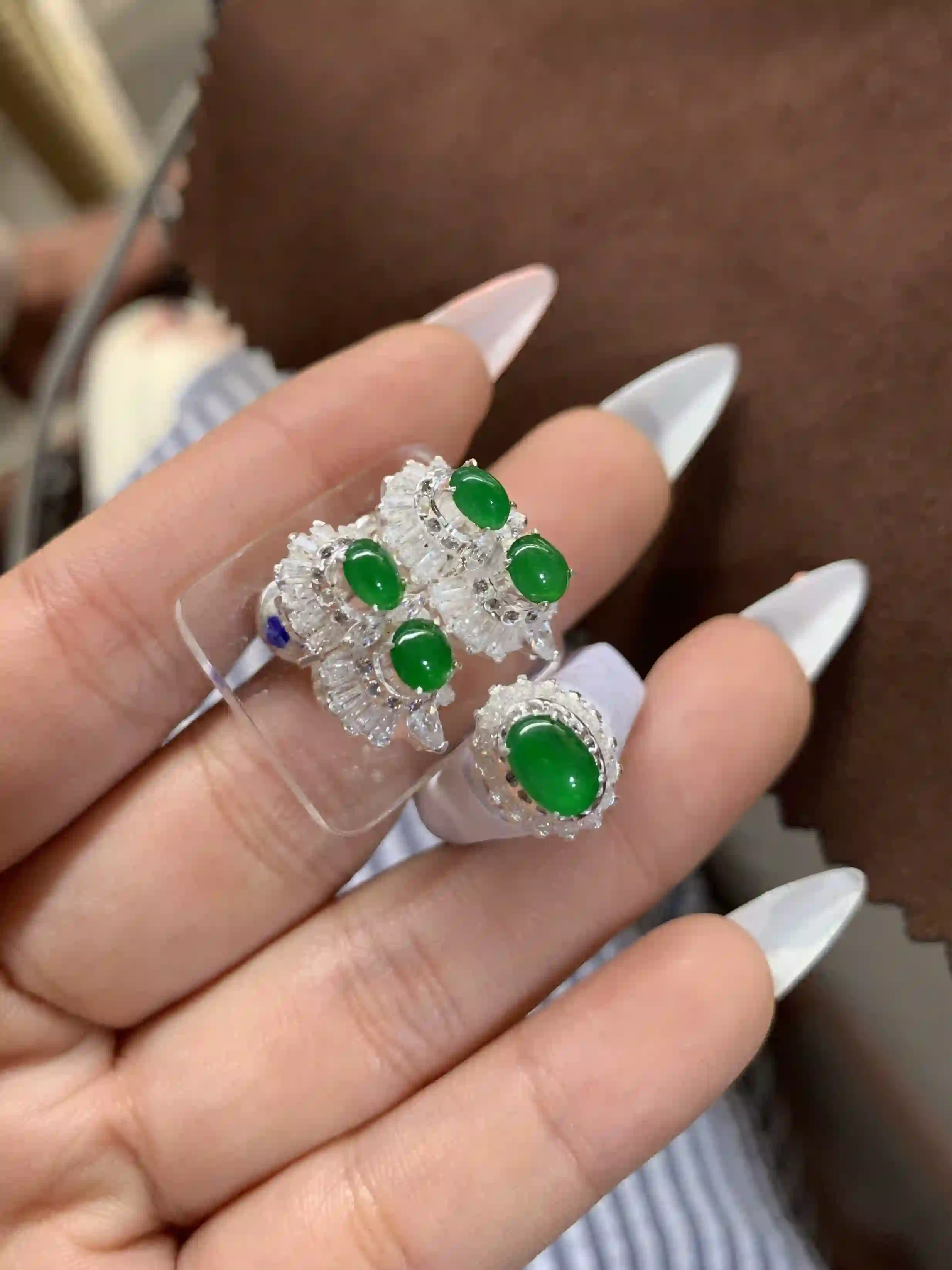 Vivid Green Gemstone Jewelry Set with Sparkling Clear Stones | Myanmar Jadeite reference #750001