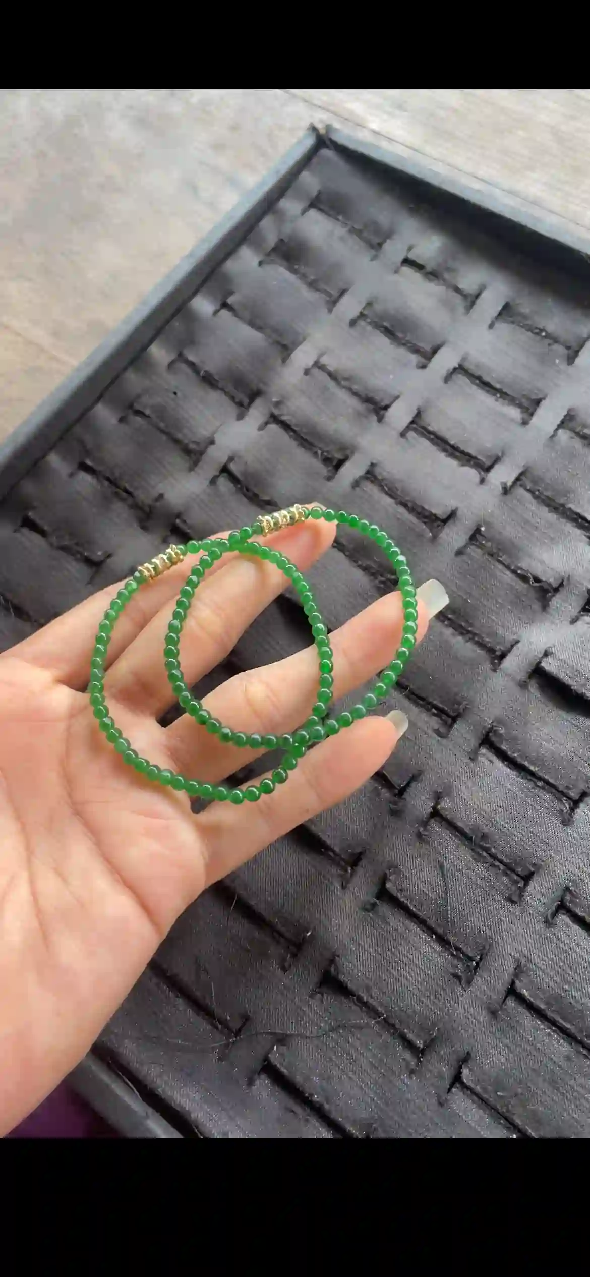 Fine Vivid Green Jadeite Double-Strand Beaded Bracelet with Gilded Accents, view 2 | Myanmar Jadeite reference #24030001