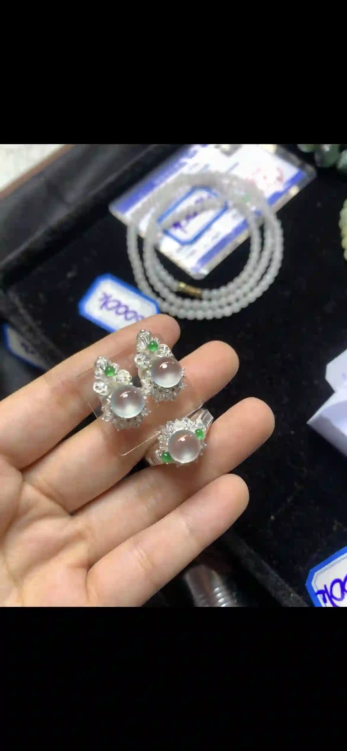 High-Ice White Jadeite Jewelry Set: Earrings & Ring, view 2 | Myanmar Jadeite reference #14910001