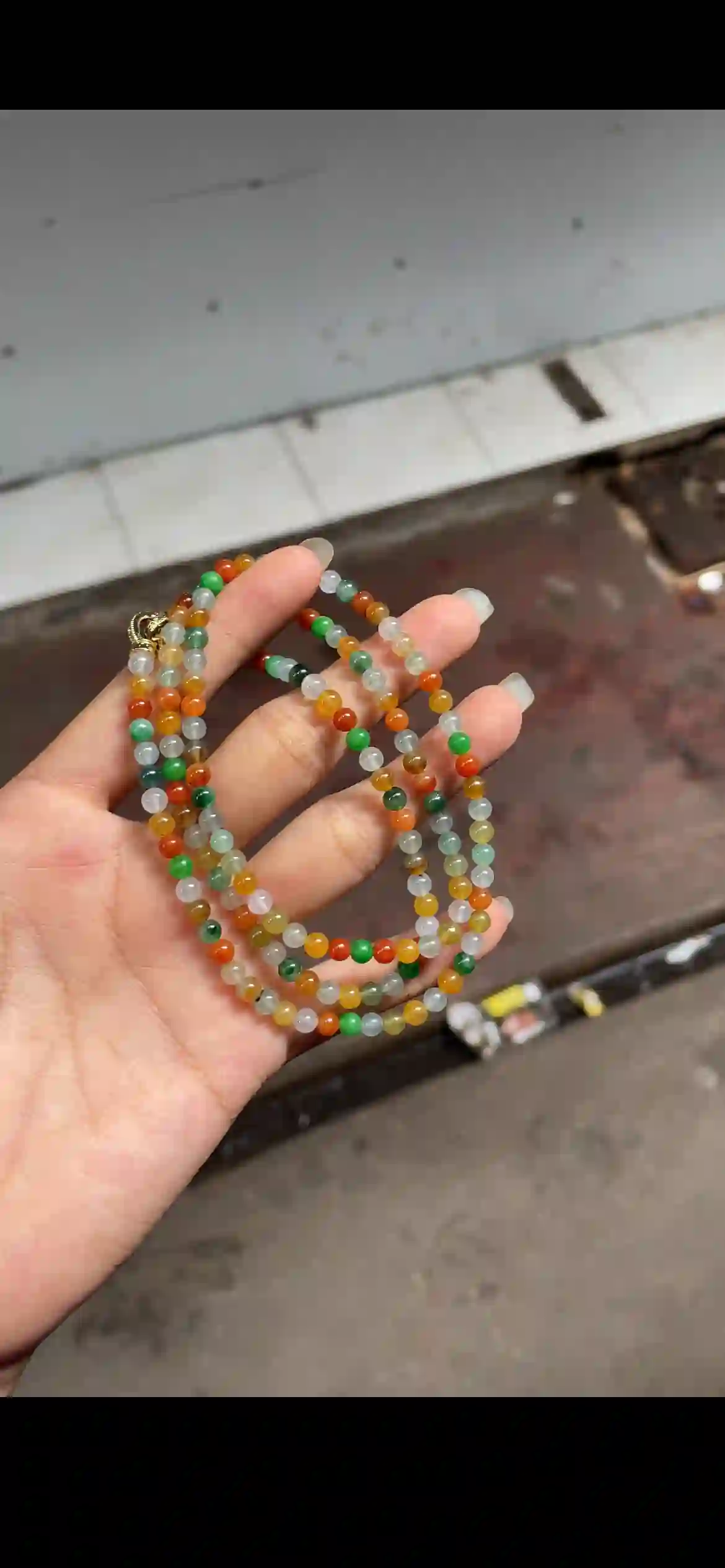 Triple-Strand Multicolor Rainbow Jade Bead Bracelet with Gold Clasp, view 2 | Myanmar Jadeite reference #17730001
