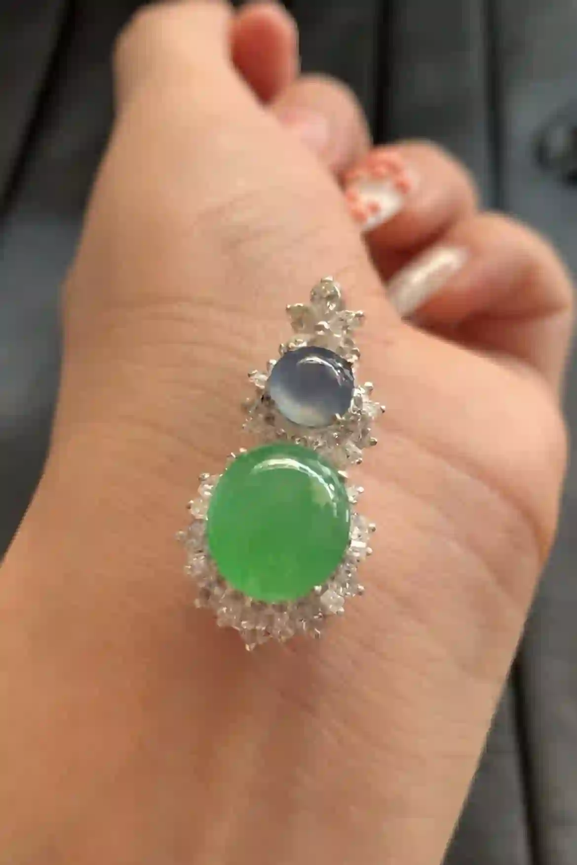   Two-Tone Green and Blue Jade Halo Ring, view 2 | Myanmar Jadeite reference #1980005
