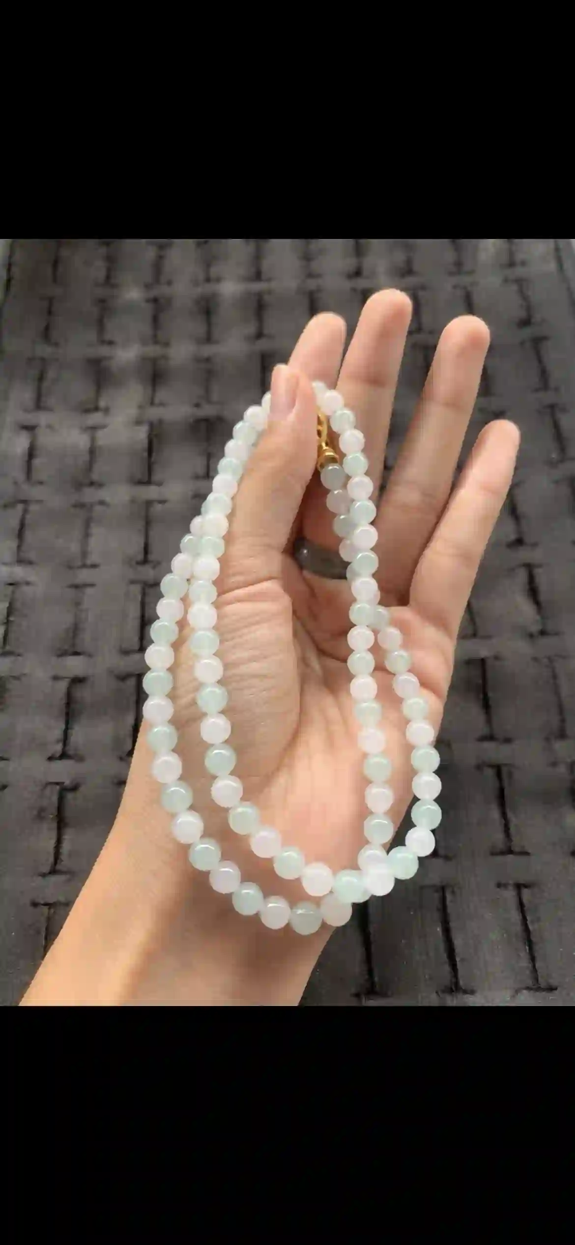 Delicate Pale Icy Green Jade Bead Necklace with Gold Clasp, view 2 | Myanmar Jadeite reference #25350001