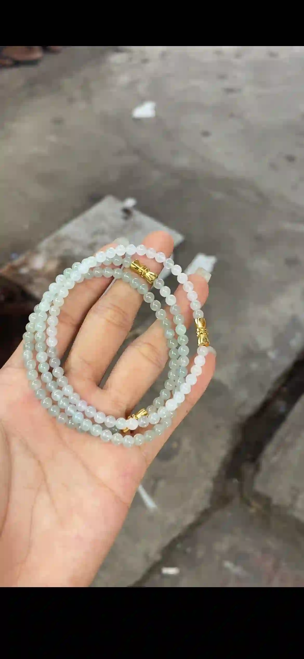 Multi-Strand Icy Pale Green Jade Bead Bracelet with Gold Clasps, view 2 | Myanmar Jadeite reference #18870001