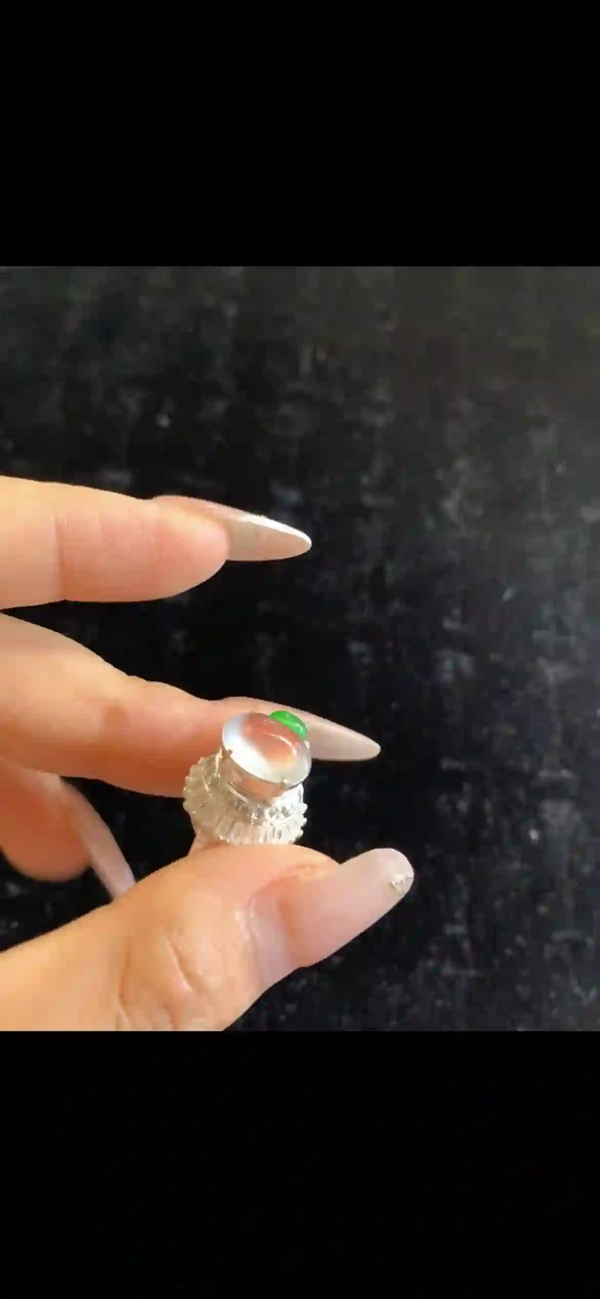Icy White Jade Cabochon Ring with Vivid Green Accent & Diamond Halo | Myanmar Jadeite reference #28260001