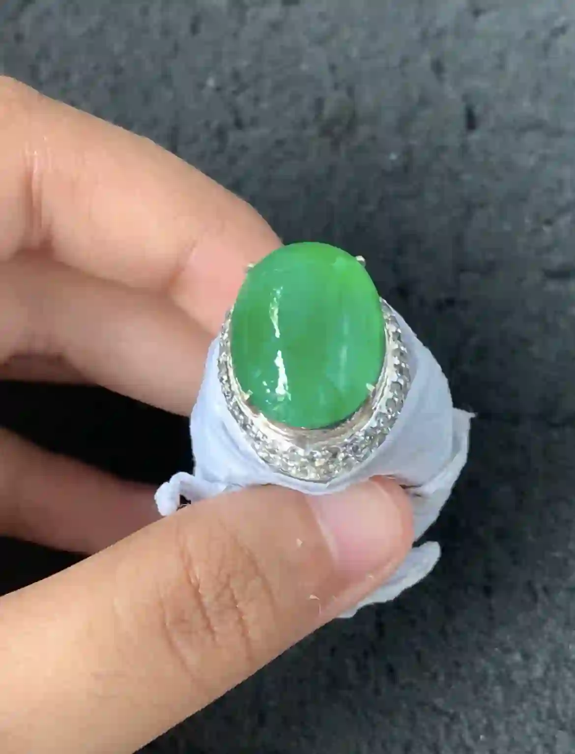 Natural Vivid Green Jade Diamond Halo Ring | Myanmar Jadeite reference #1800010