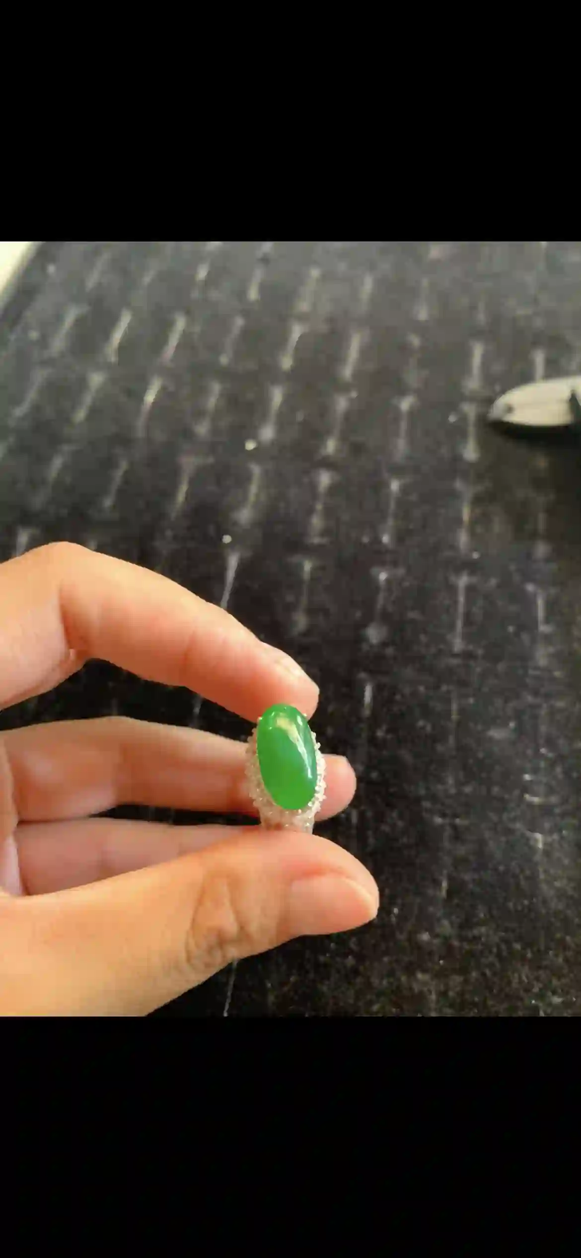 Oval Vivid Emerald Jade Ring with Diamond Halo Setting, view 2 | Myanmar Jadeite reference #18840001
