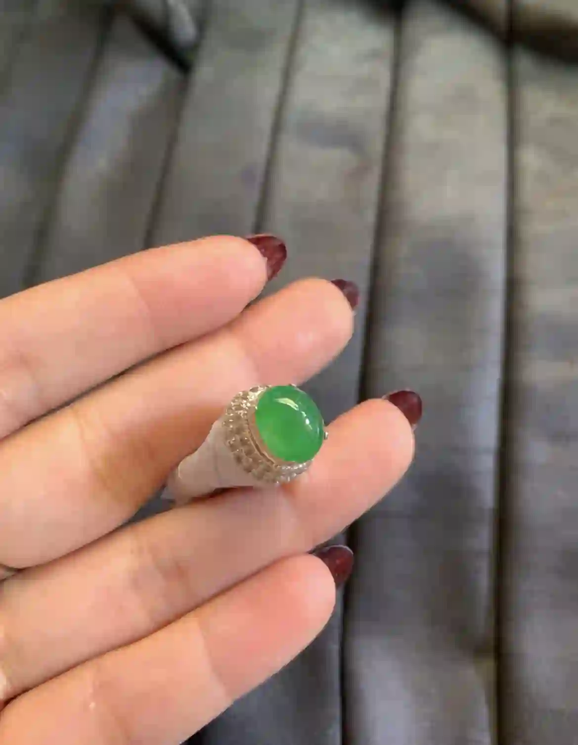 Vibrant Green Icy Jadeite Cabochon Ring with Pave-Set Diamond Halo, view 2 | Myanmar Jadeite reference #3690001